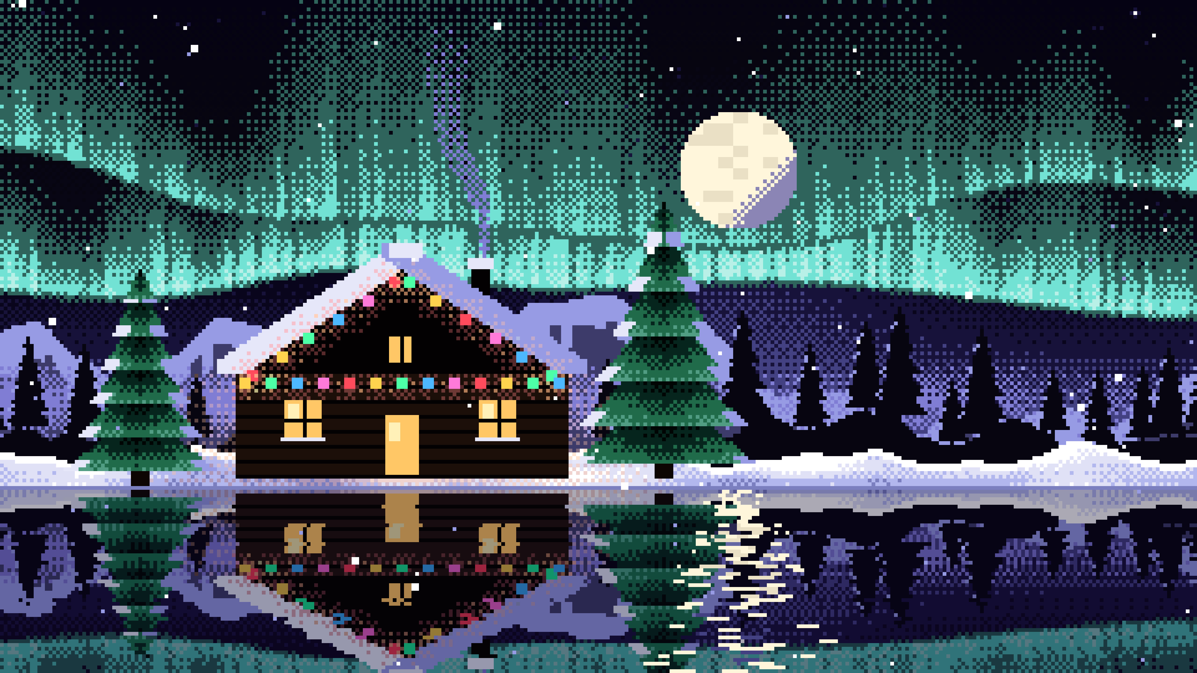 Black Pixel Art Christmas Cabin desktop wallpaper in 4K