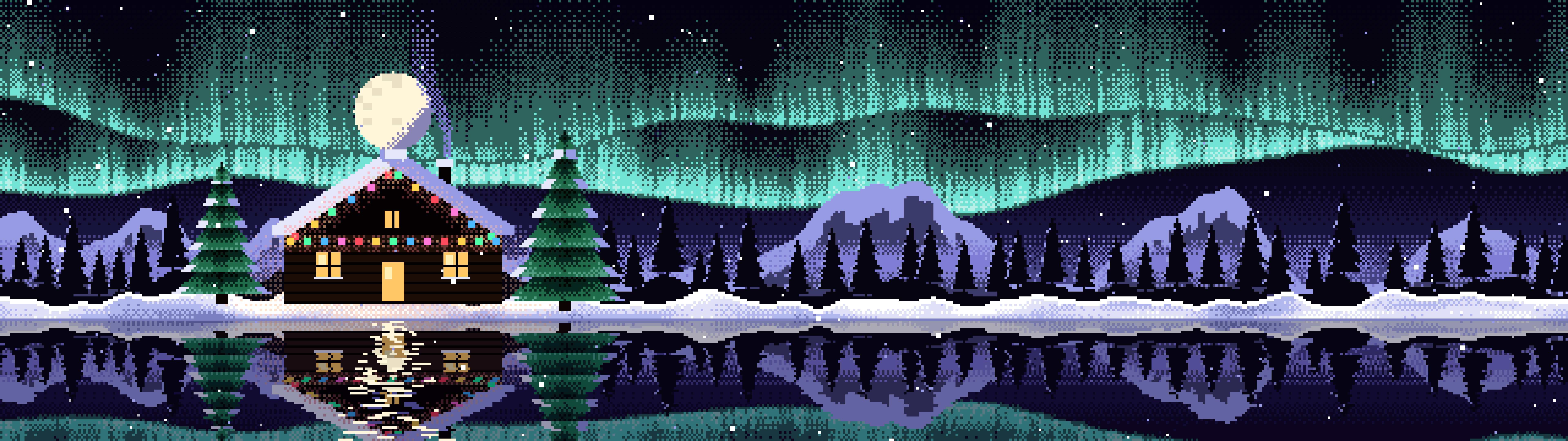 Black Pixel Art Christmas Cabin dual monitor wallpaper, 7680 × 2160