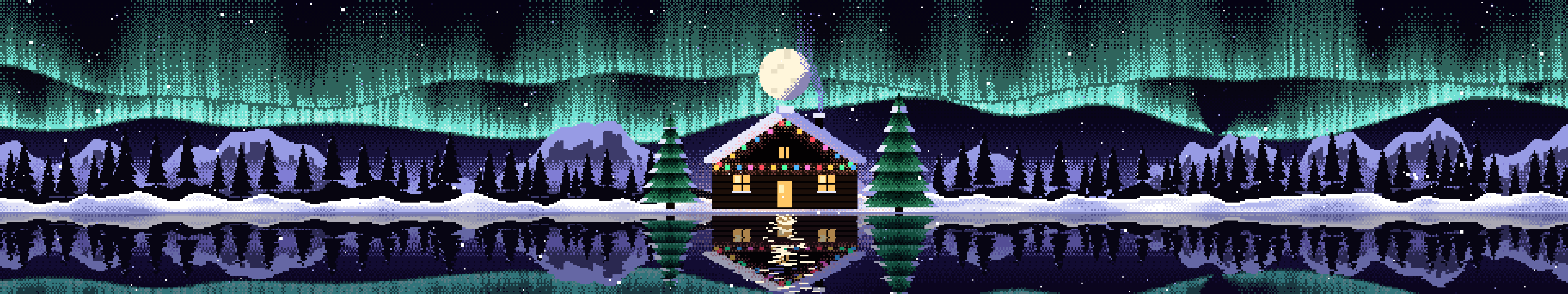 Black Pixel Art Christmas Cabin triple monitor wallpaper, 7680 × 1440