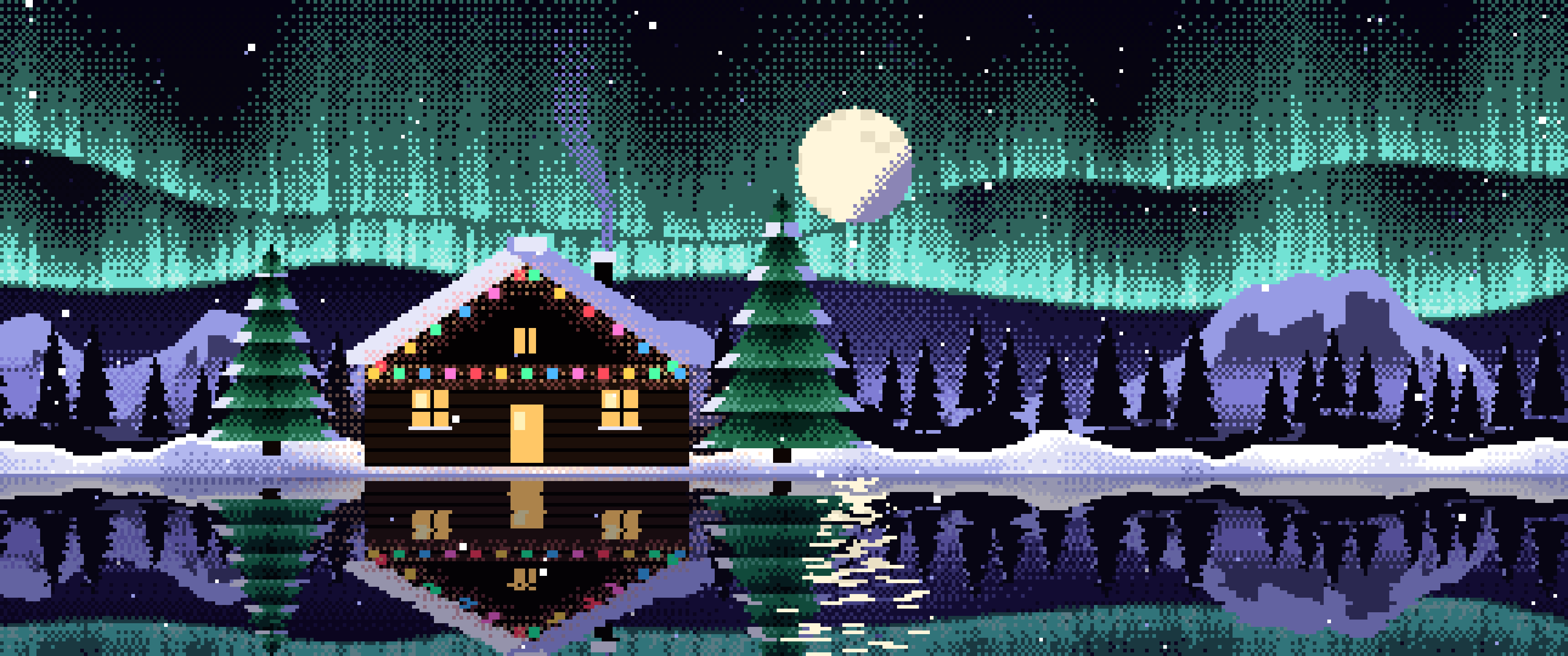 Black Pixel Art Christmas Cabin ultrawide wallpaper, 3440 × 1440
