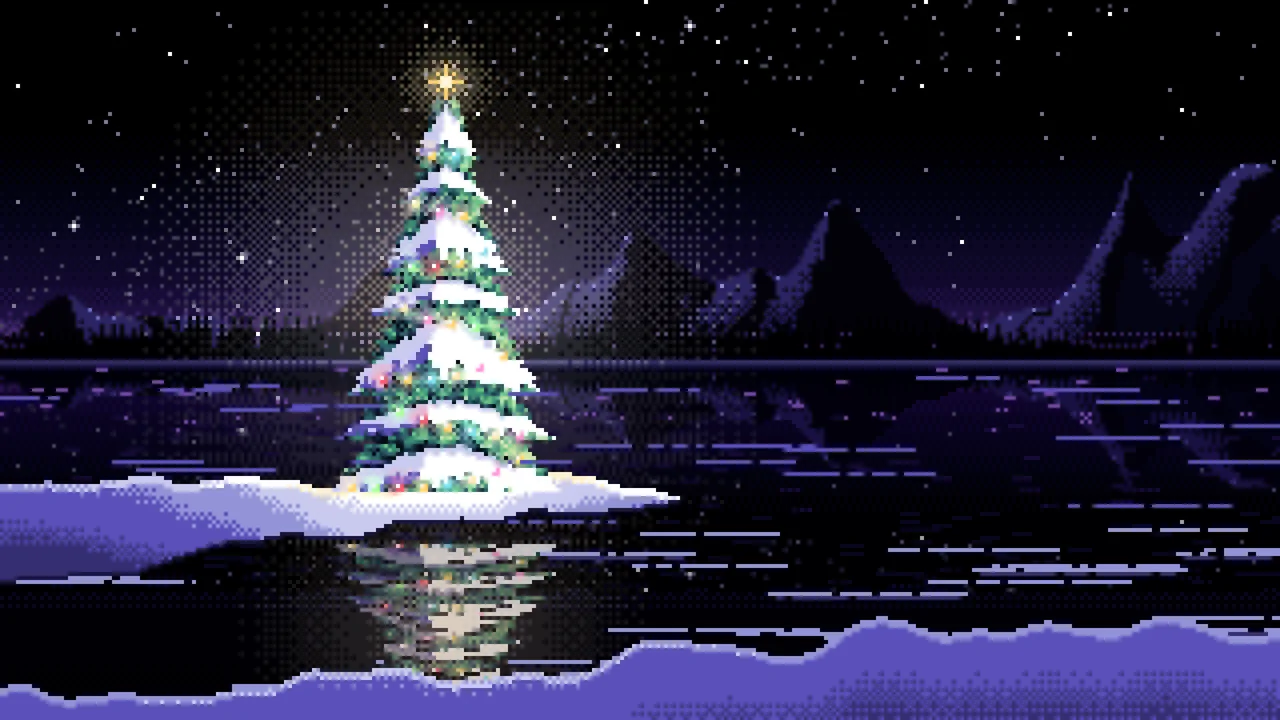 Black Pixel Art Christmas Tree by a Frozen Lake desktop wallpaper in 4K