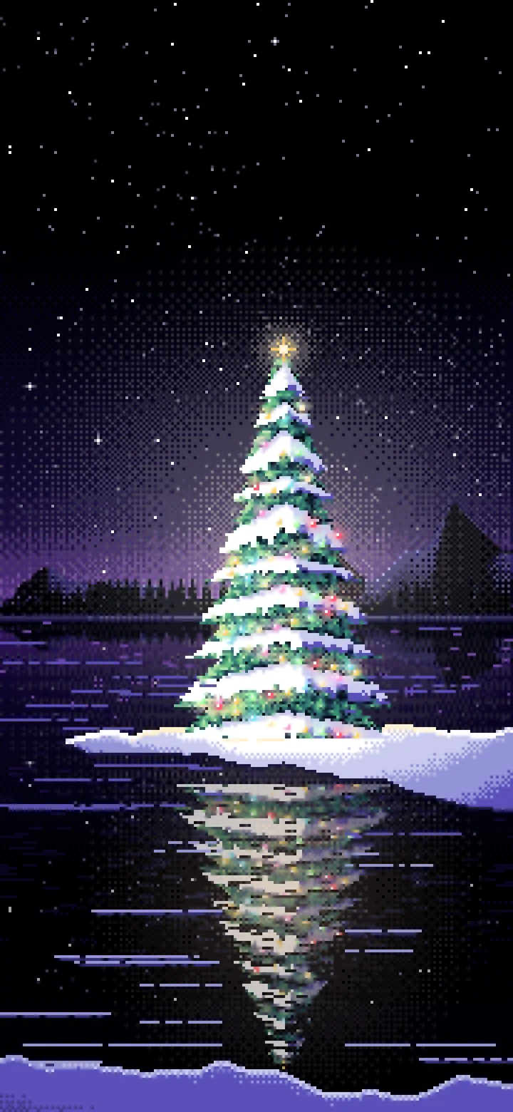 Black Pixel Art Christmas Tree by a Frozen Lake wallpaper for iPhone and Android
