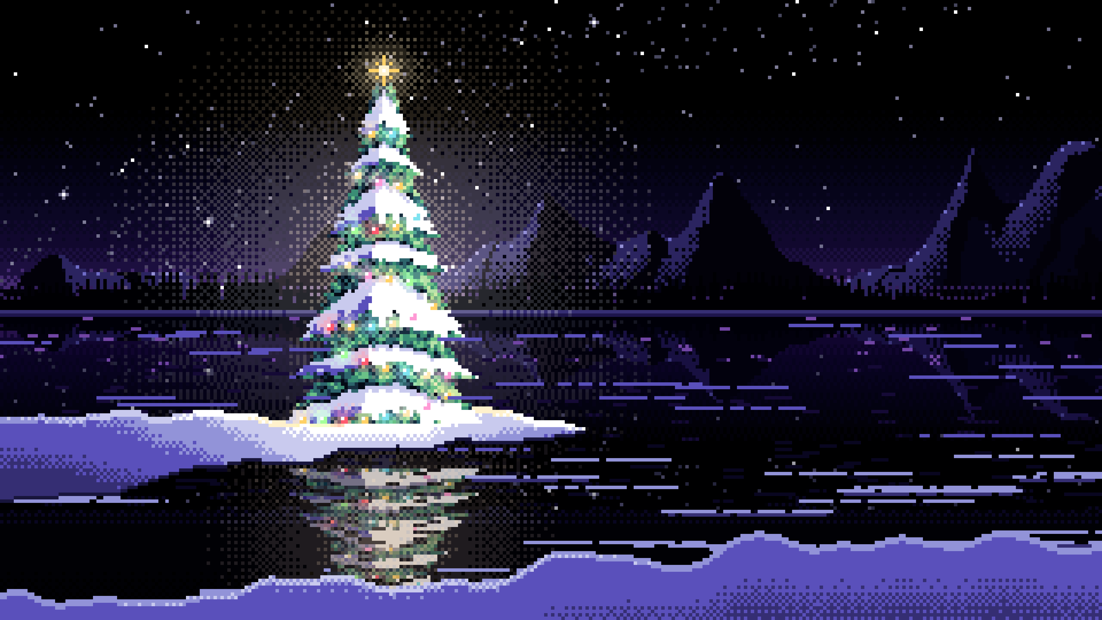 Black Pixel Art Christmas Tree by a Frozen Lake desktop wallpaper in 4K