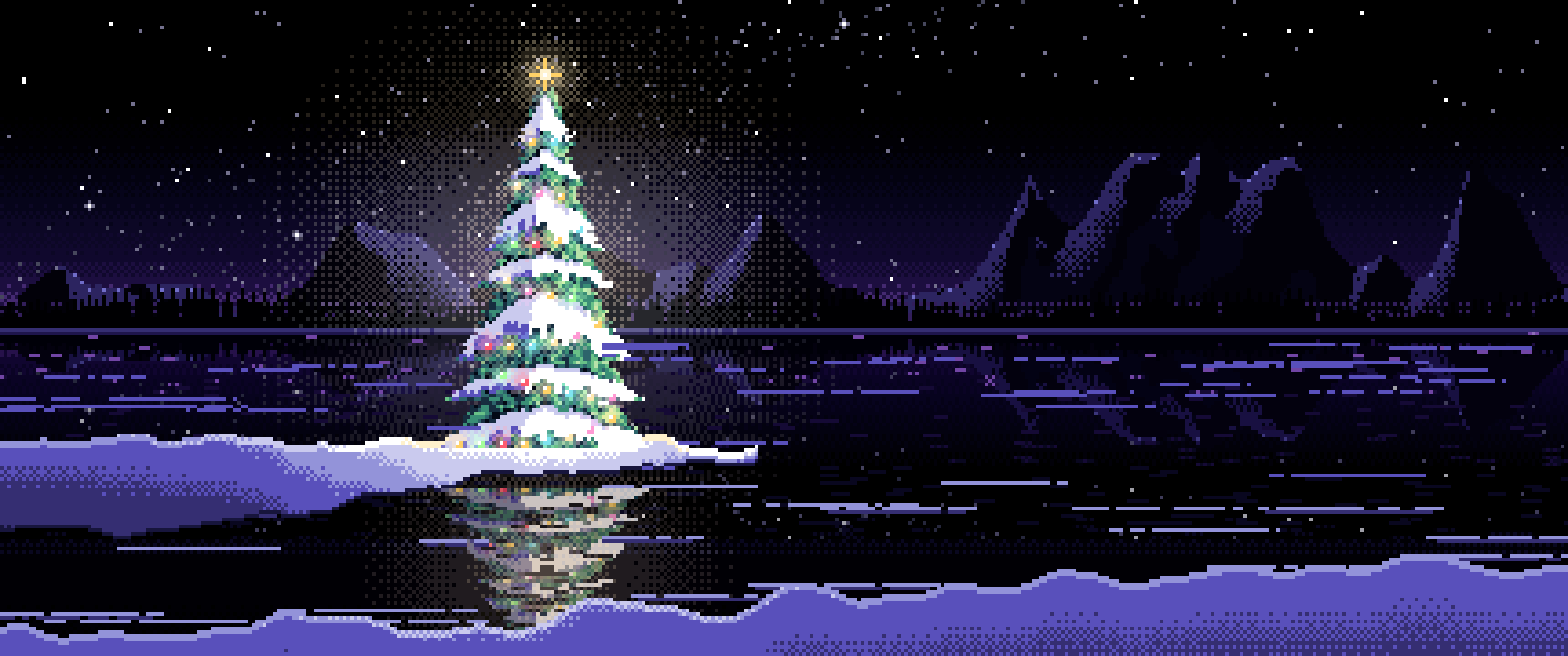 Black Pixel Art Christmas Tree by a Frozen Lake ultrawide wallpaper, 3440 × 1440