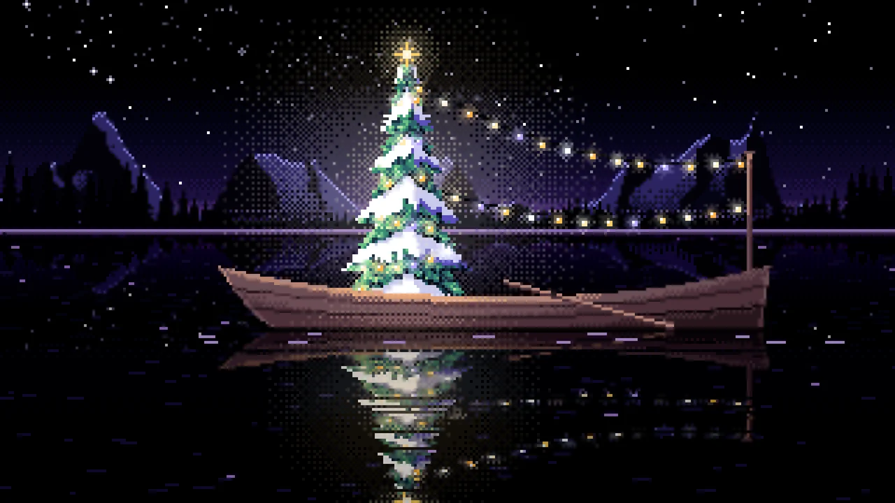 Black Pixel Art Christmas Tree in a Rowboat on a Lake desktop wallpaper in 4K