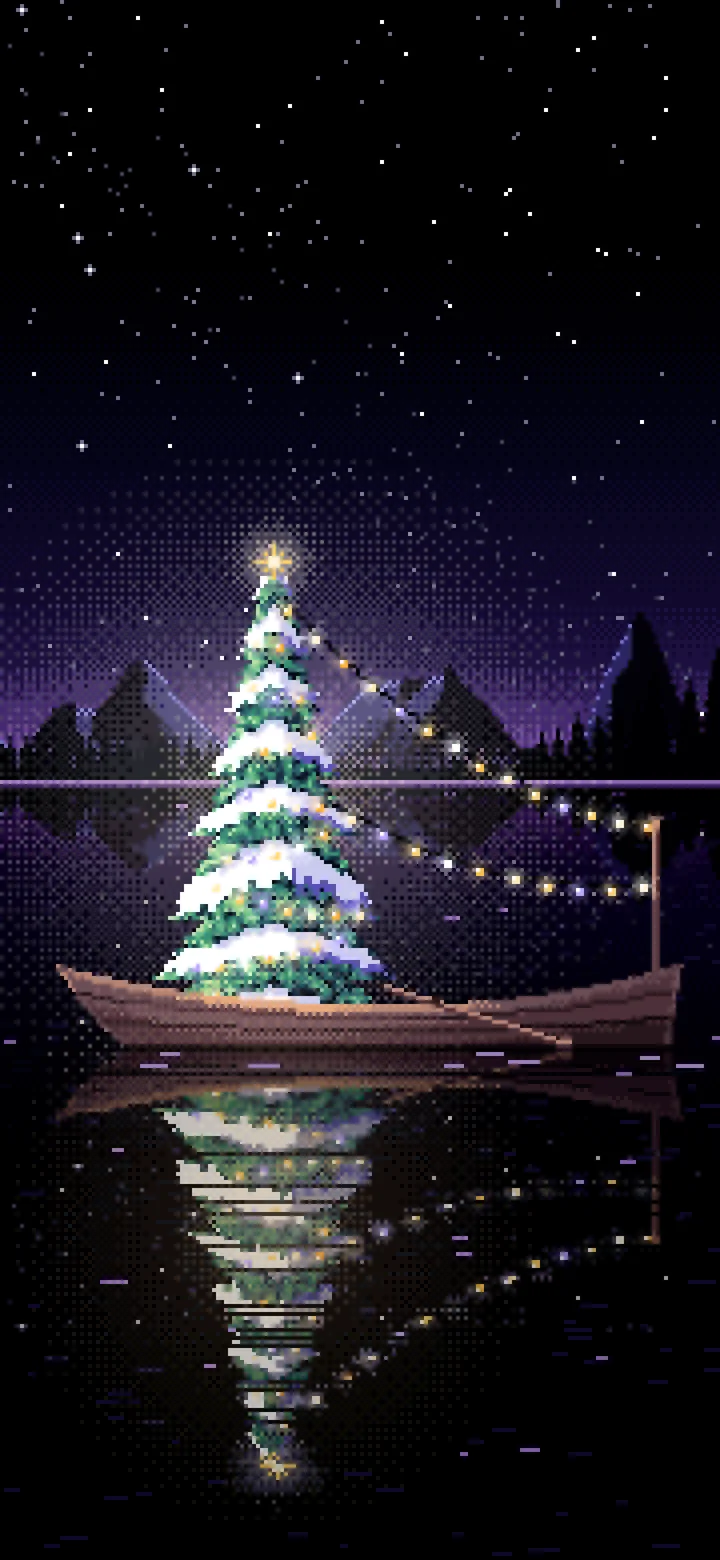 Black Pixel Art Christmas Tree in a Rowboat on a Lake wallpaper for iPhone and Android