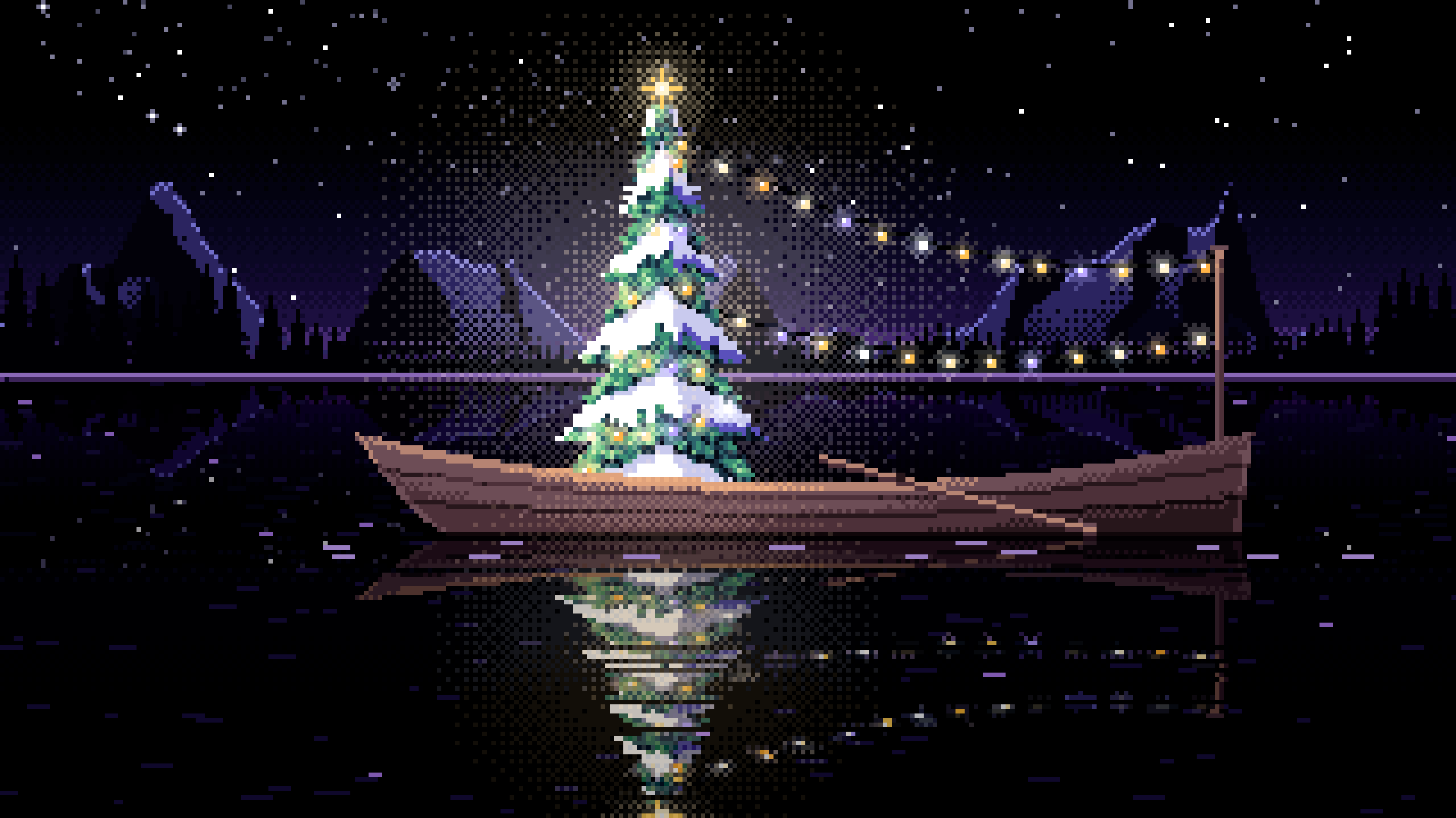 Black Pixel Art Christmas Tree in a Rowboat on a Lake desktop wallpaper in 4K
