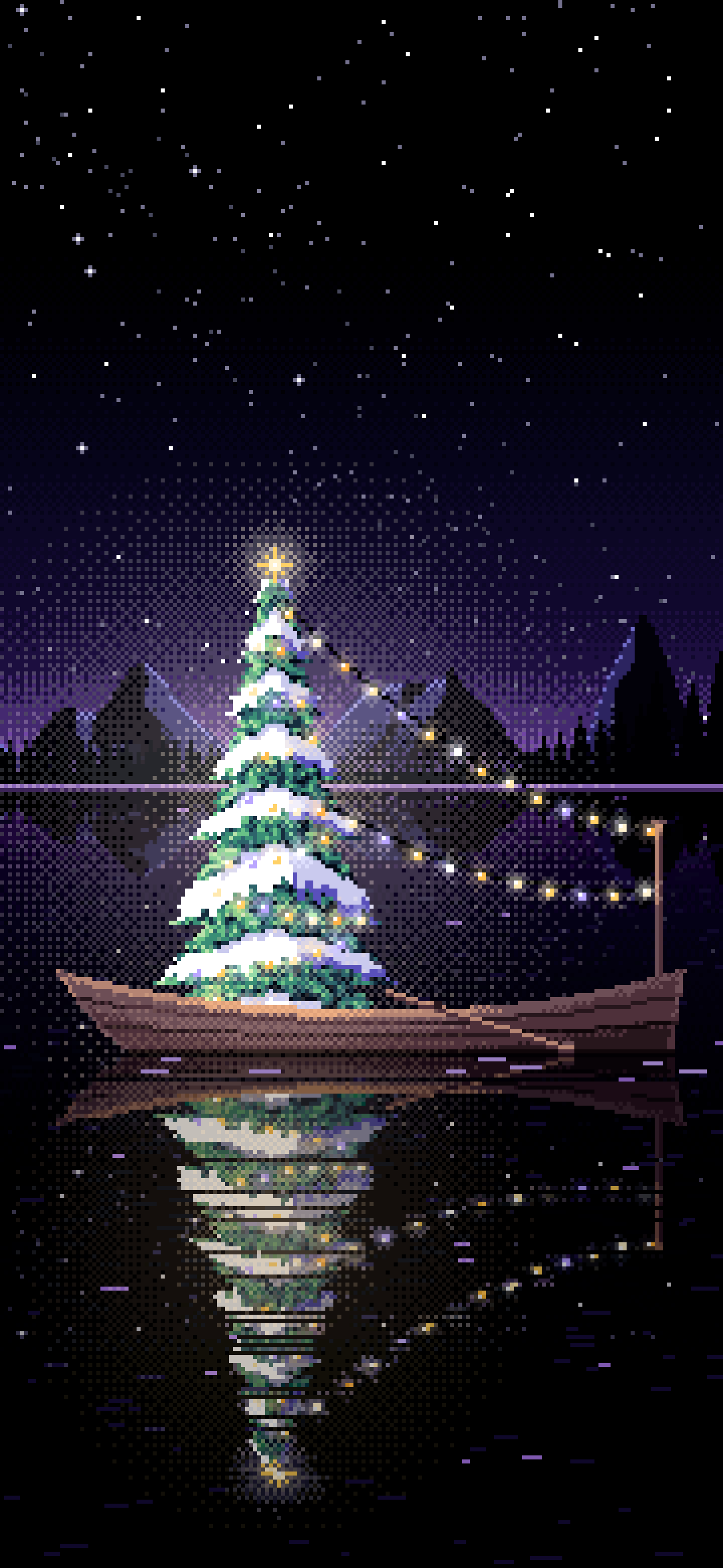 Black Pixel Art Christmas Tree in a Rowboat on a Lake wallpaper for iPhone and Android