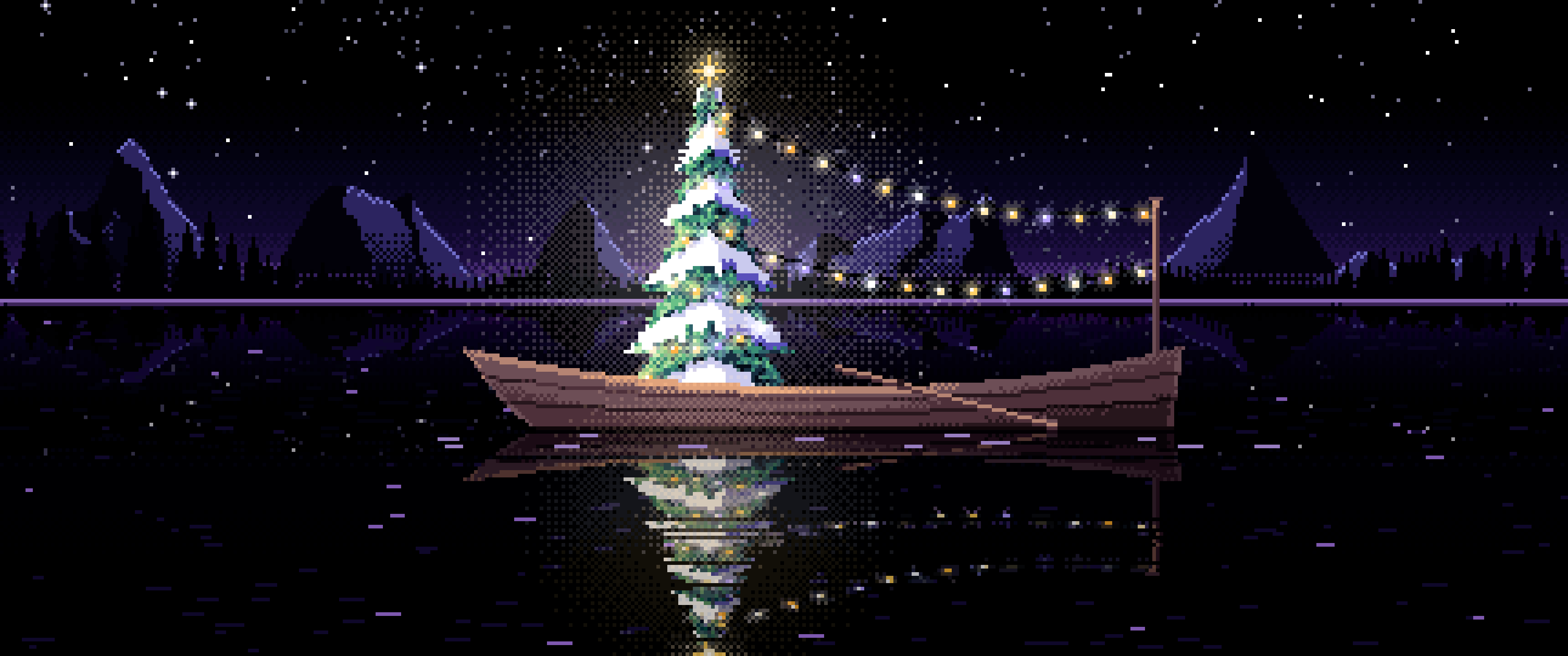 Black Pixel Art Christmas Tree in a Rowboat on a Lake ultrawide wallpaper, 3440 × 1440