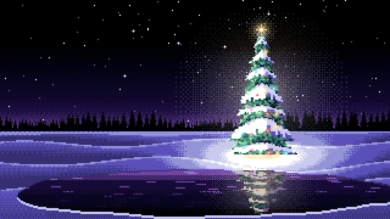 Black Pixel Art Christmas Tree in a Snowy Field desktop wallpaper in 4K