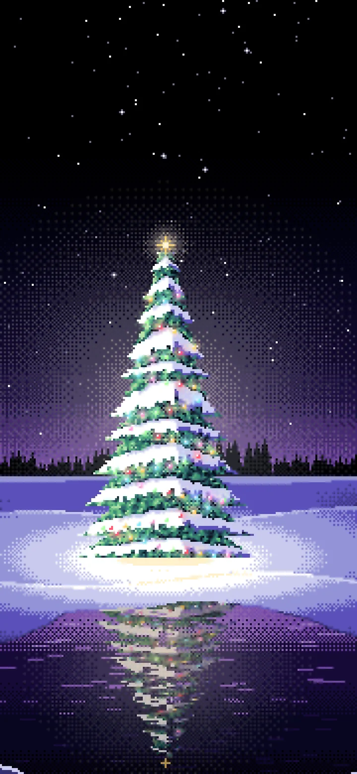 Black Pixel Art Christmas Tree in a Snowy Field wallpaper for iPhone and Android