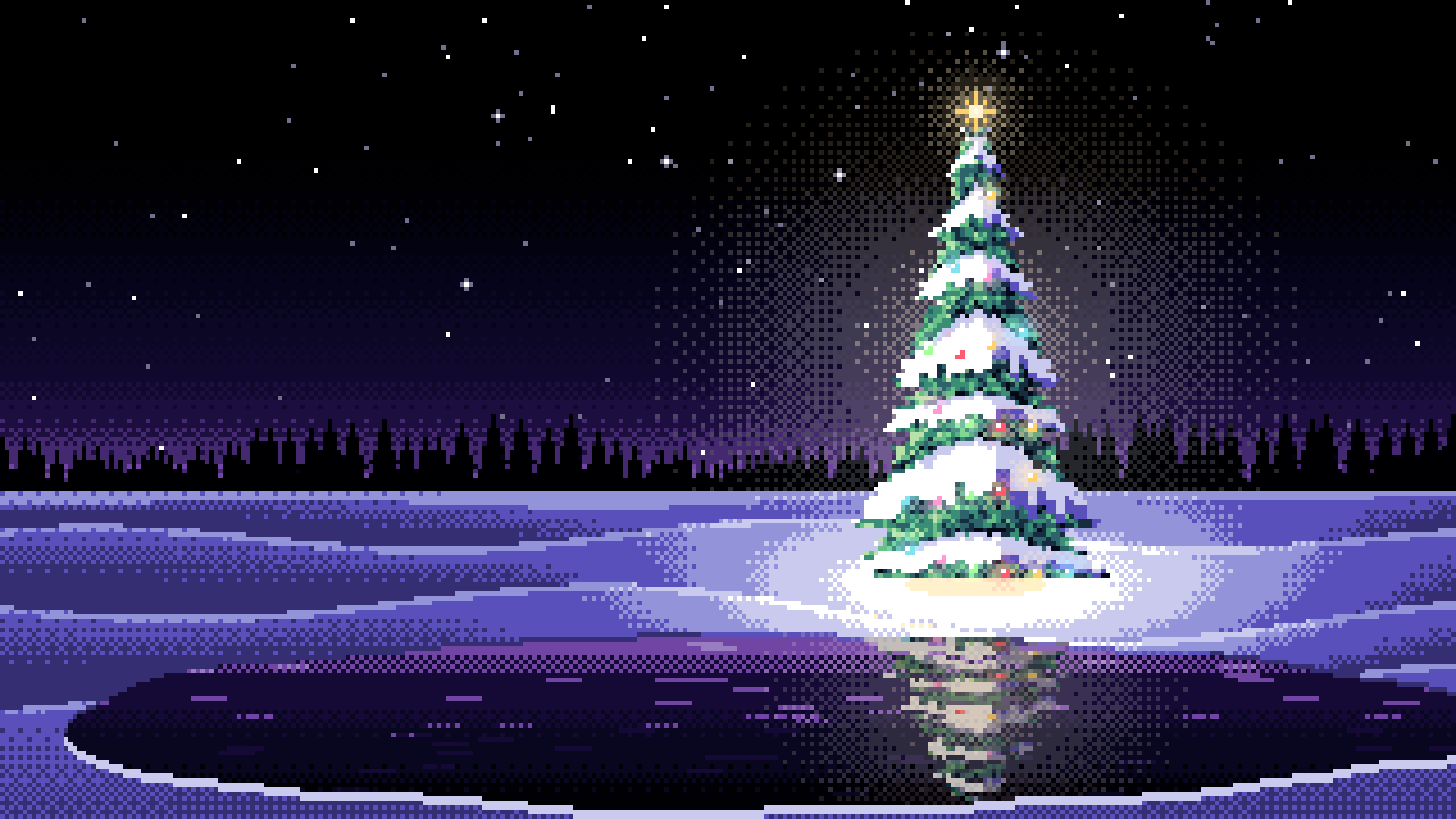 Black Pixel Art Christmas Tree in a Snowy Field desktop wallpaper in 4K