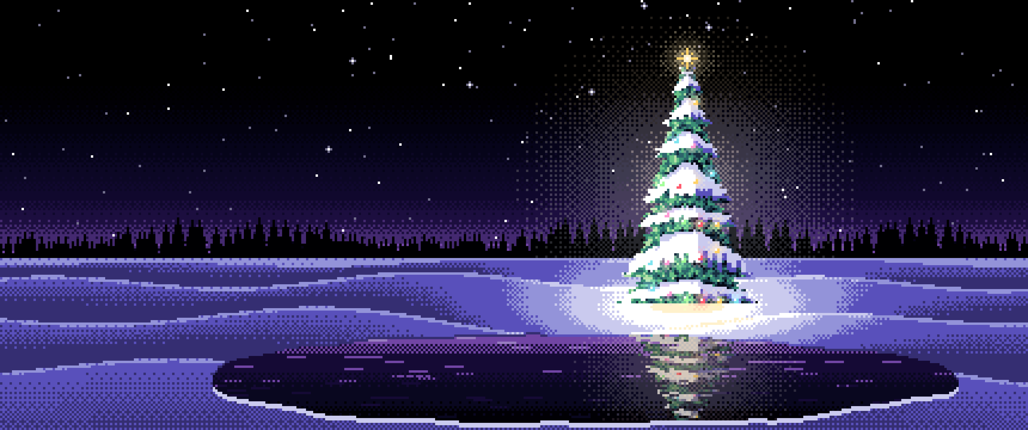Black Pixel Art Christmas Tree in a Snowy Field ultrawide wallpaper, 3440 × 1440