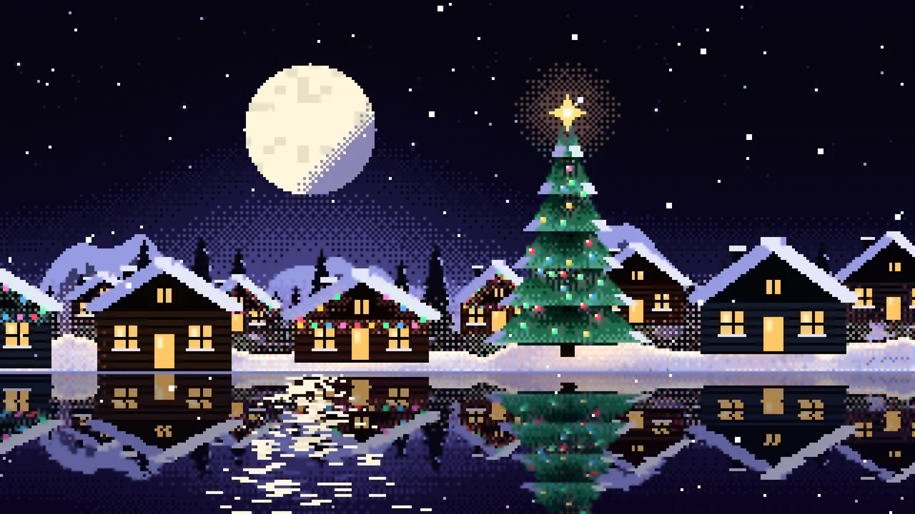 Black Pixel Art Christmas Village desktop wallpaper in 4K