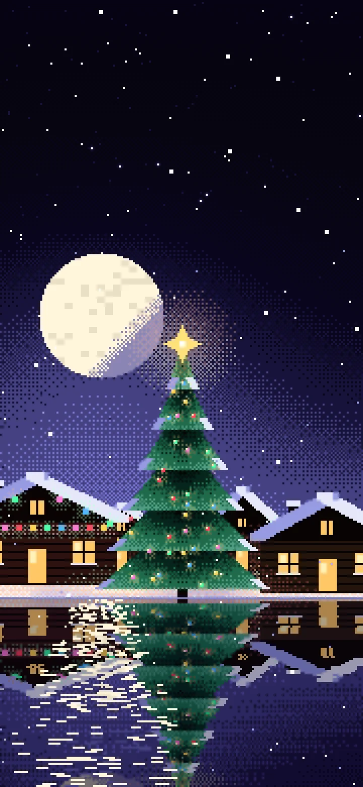 Black Pixel Art Christmas Village wallpaper for iPhone and Android