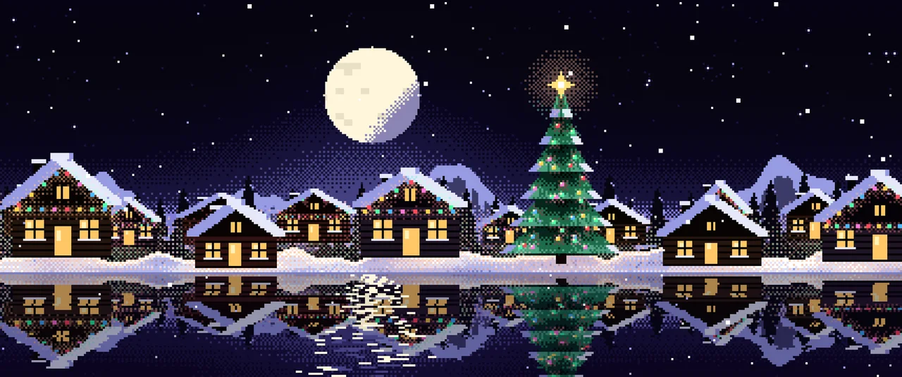 Black Pixel Art Christmas Village ultrawide wallpaper, 3440 × 1440