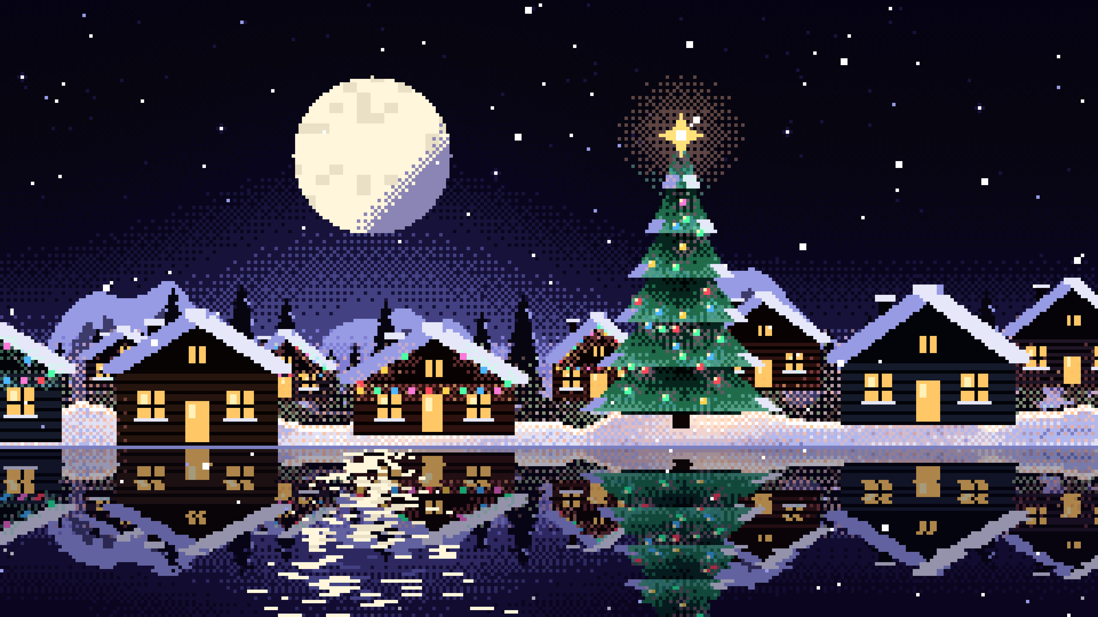 Black Pixel Art Christmas Village desktop wallpaper in 4K