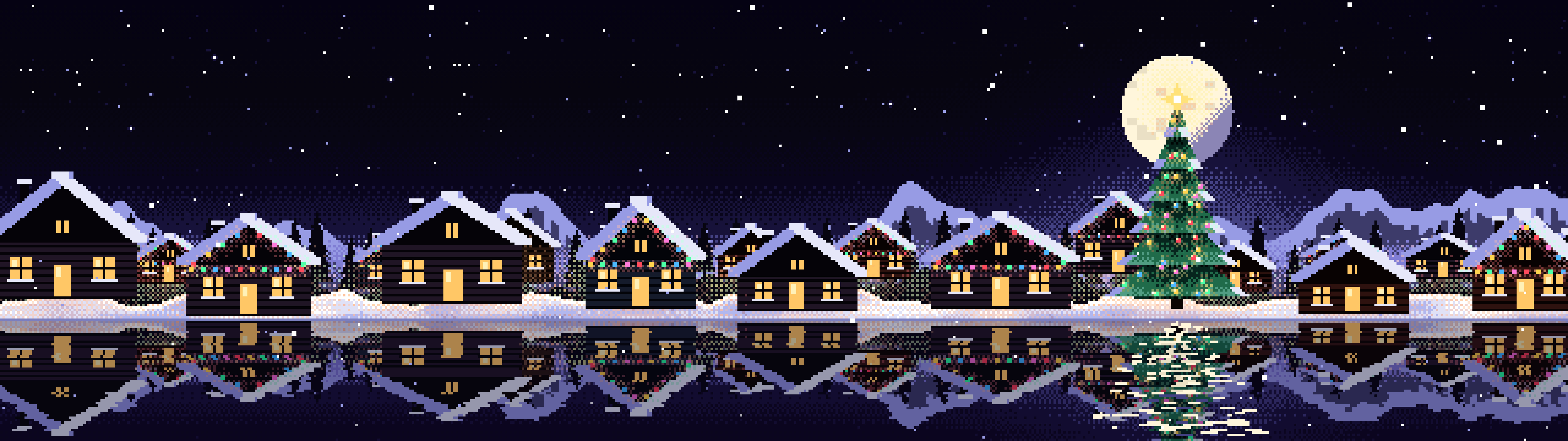 Black Pixel Art Christmas Village dual monitor wallpaper, 7680 × 2160