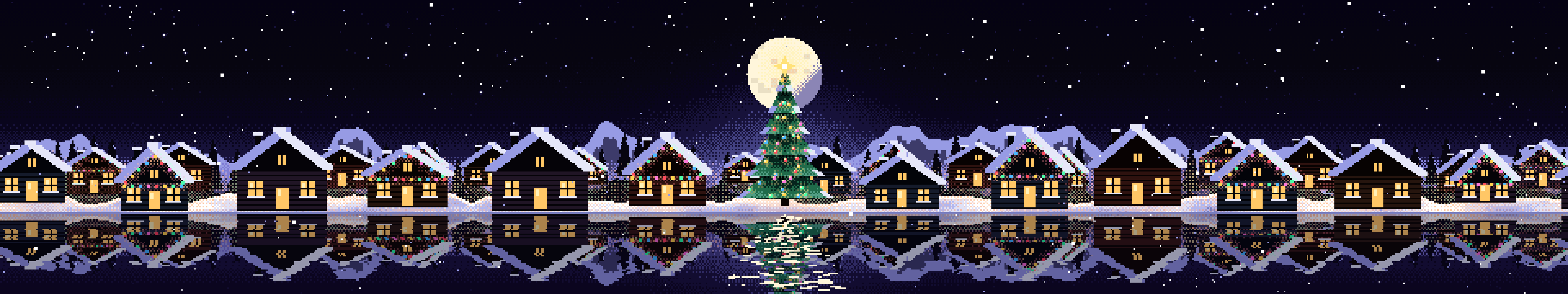 Black Pixel Art Christmas Village triple monitor wallpaper, 7680 × 1440