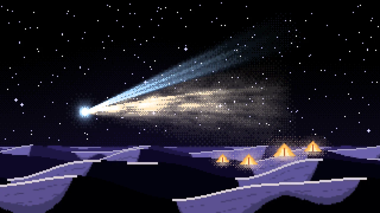 Black Pixel Art Comet Over the Desert desktop wallpaper in 4K