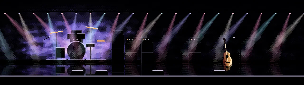 Black Pixel Art Concert Stage dual monitor wallpaper, 7680 × 2160