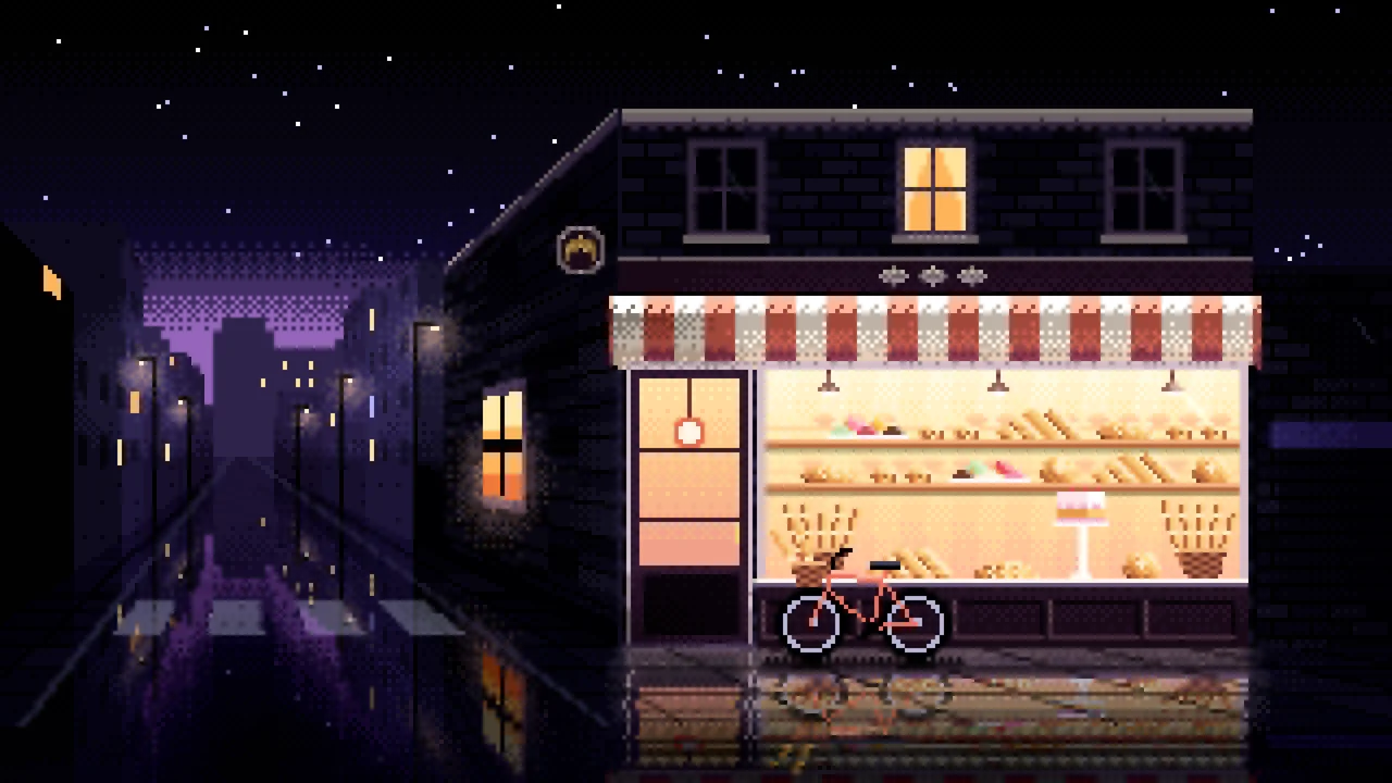 Black Pixel Art Corner Bakery desktop wallpaper in 4K