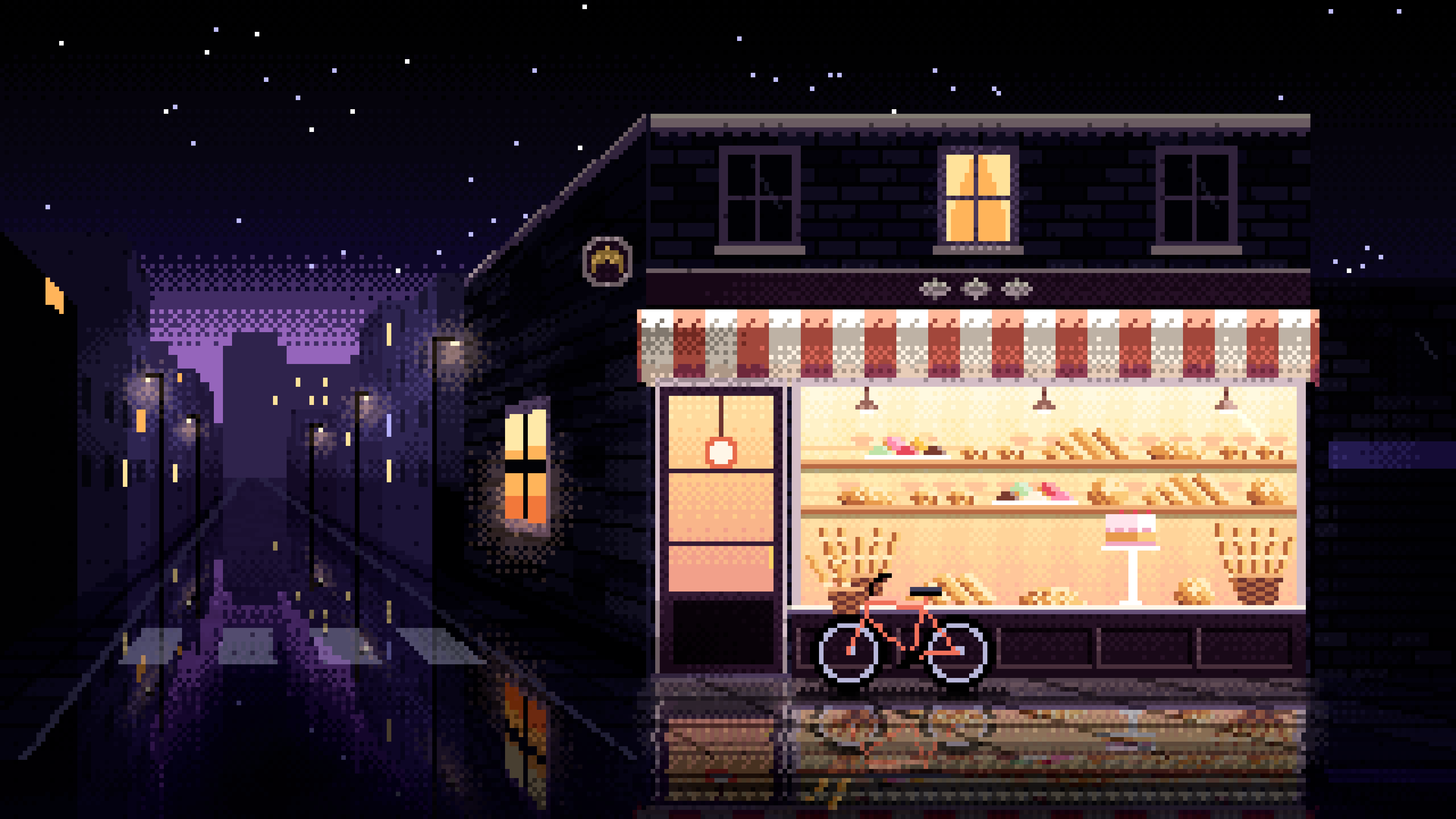 Black Pixel Art Corner Bakery desktop wallpaper in 4K