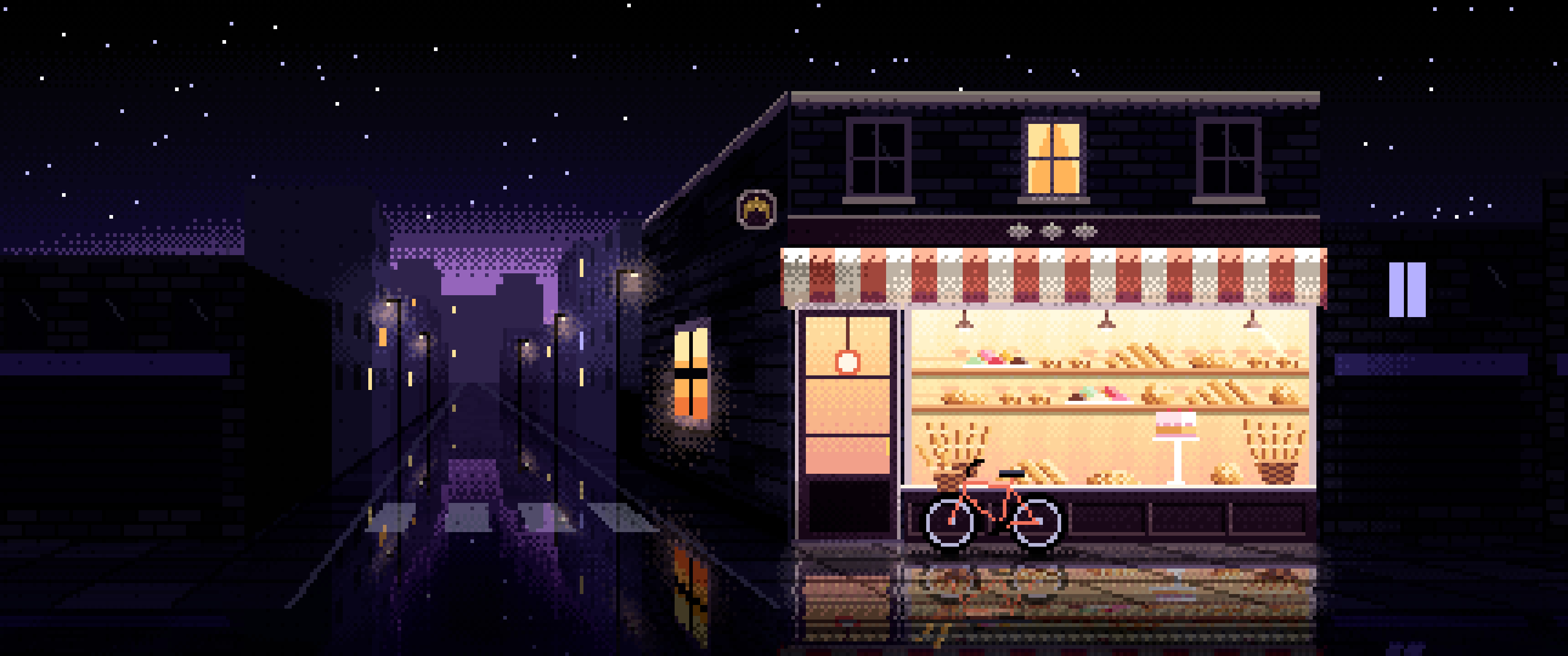 Black Pixel Art Corner Bakery ultrawide wallpaper, 3440 × 1440
