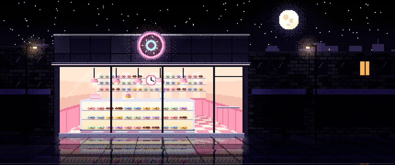 Black Pixel Art Donut Shop ultrawide wallpaper, 3440 × 1440