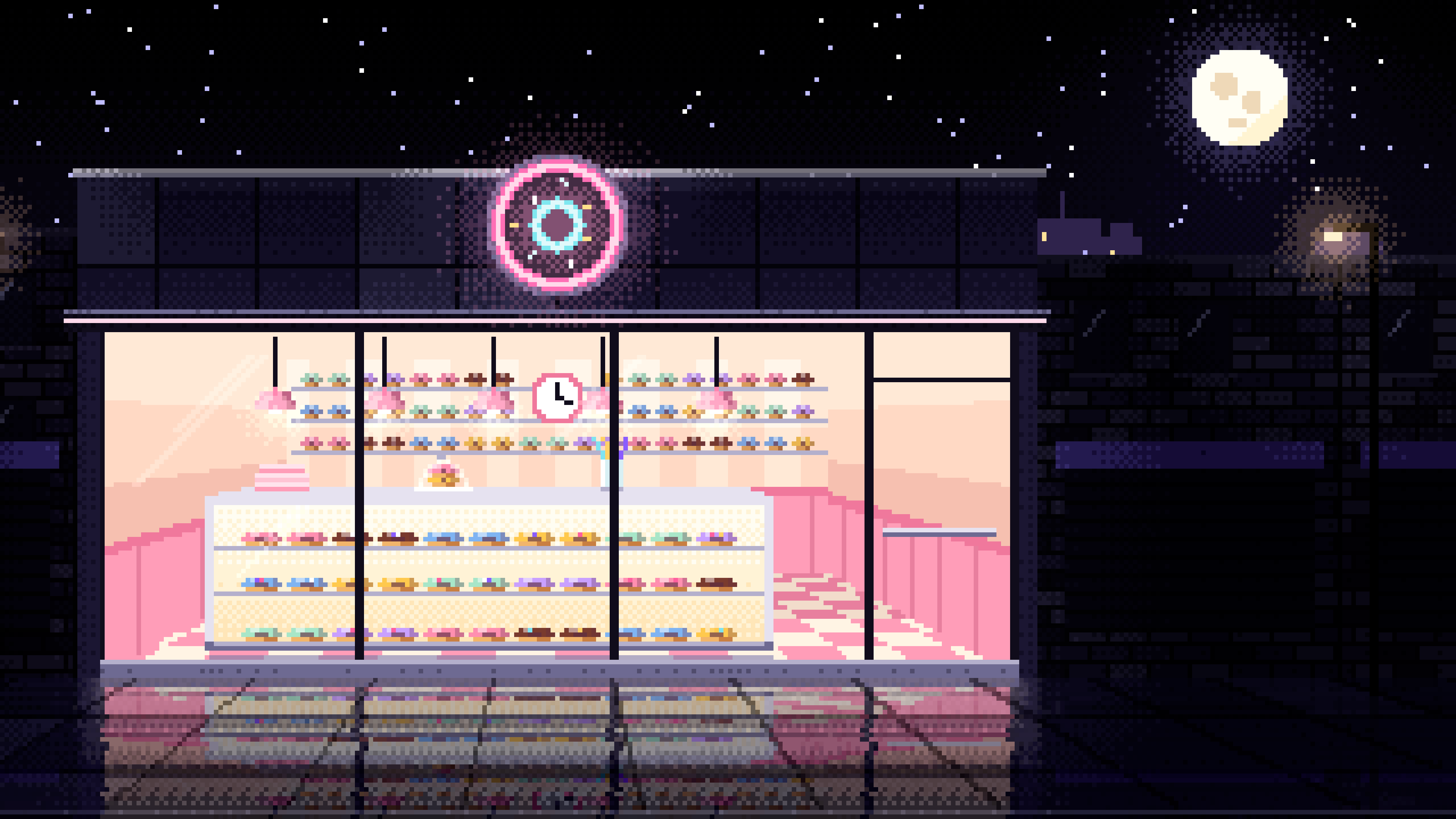 Black Pixel Art Donut Shop desktop wallpaper in 4K
