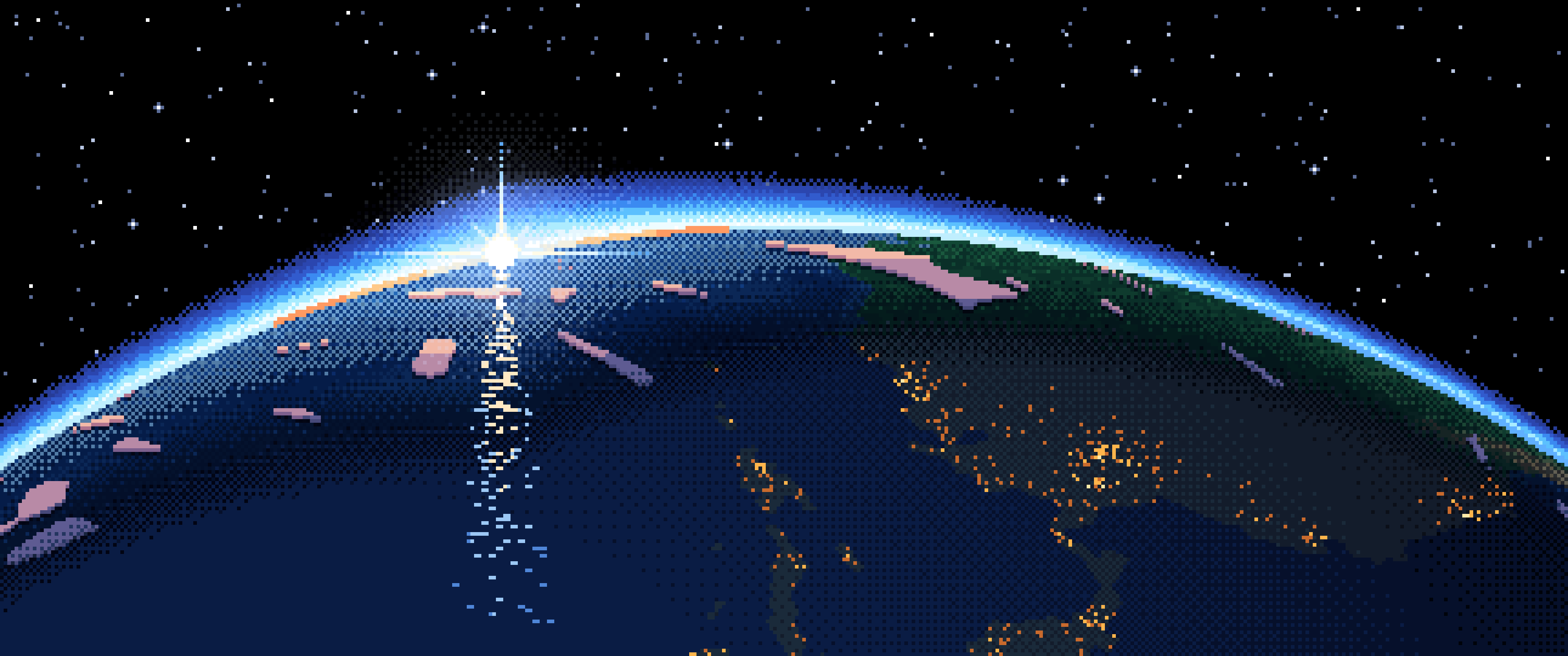 Black Pixel Art Earth Horizon From Orbit ultrawide wallpaper, 3440 × 1440