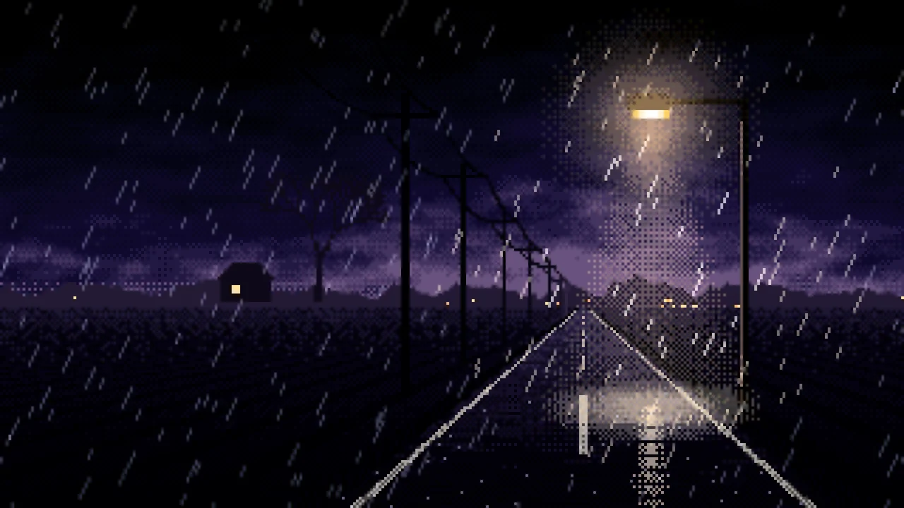 Black Pixel Art Empty Road in the Rain at Night desktop wallpaper in 4K