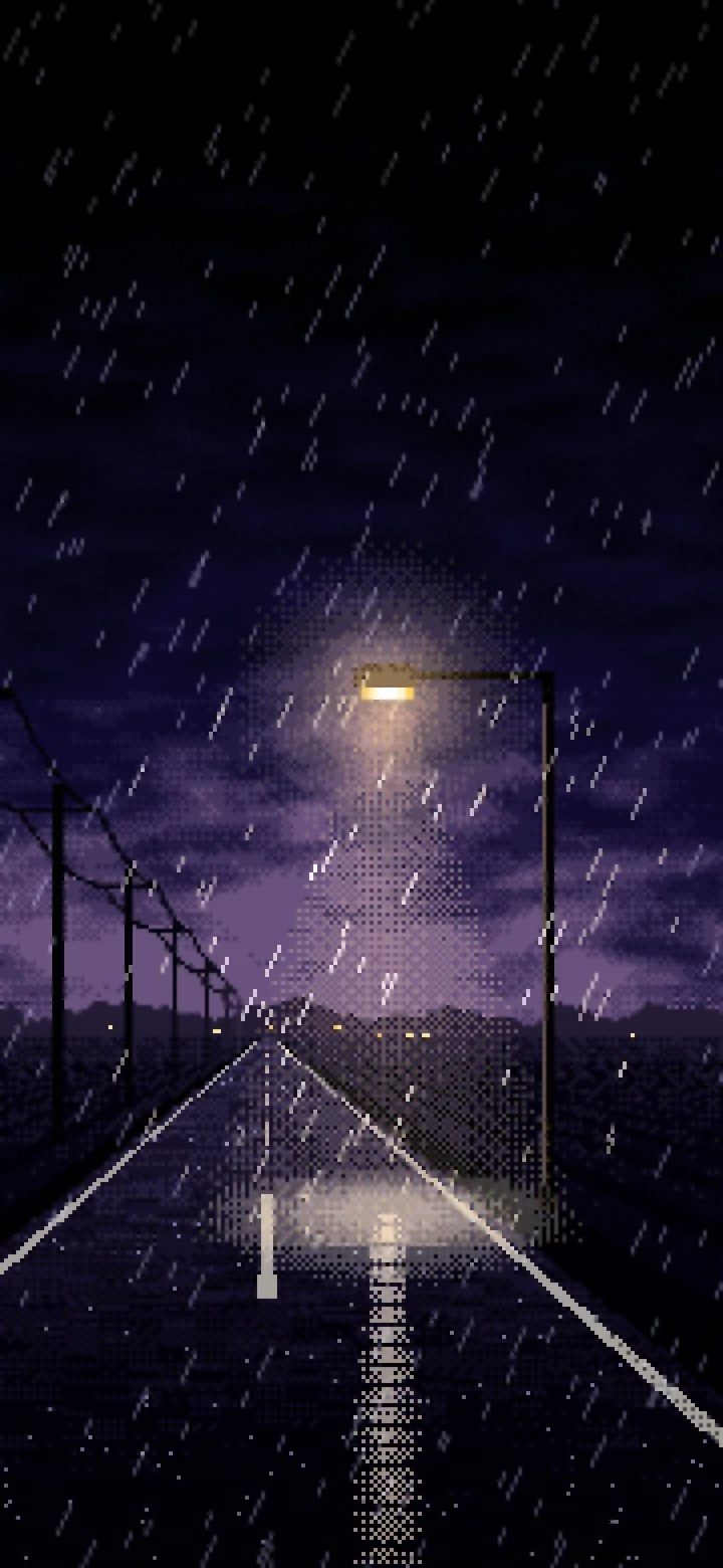 Black Pixel Art Empty Road in the Rain at Night wallpaper for iPhone and Android