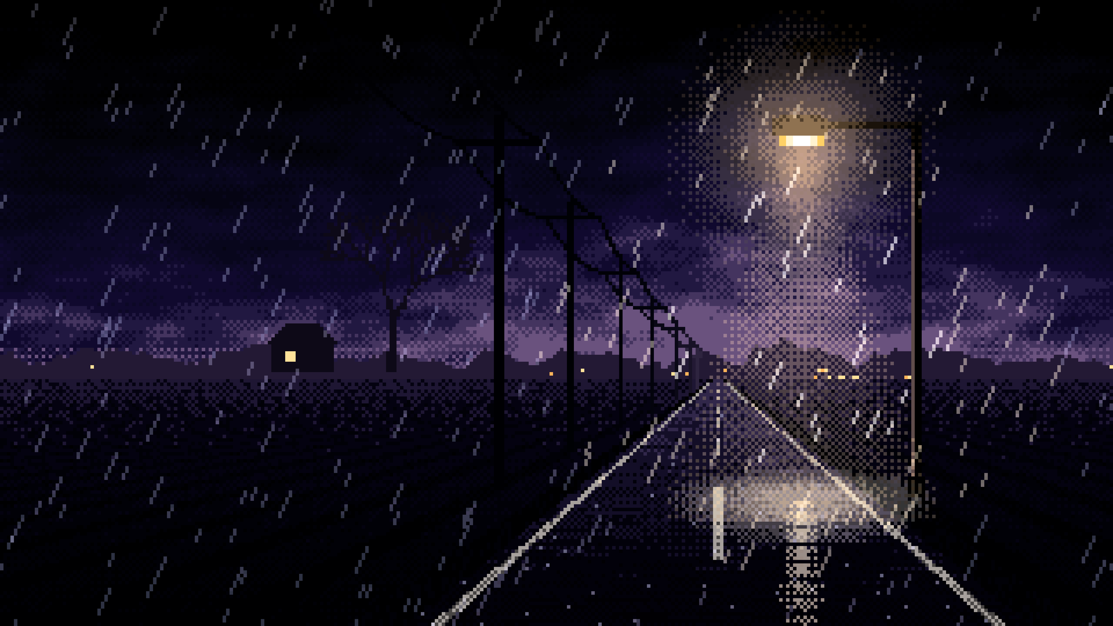 Black Pixel Art Empty Road in the Rain at Night desktop wallpaper in 4K