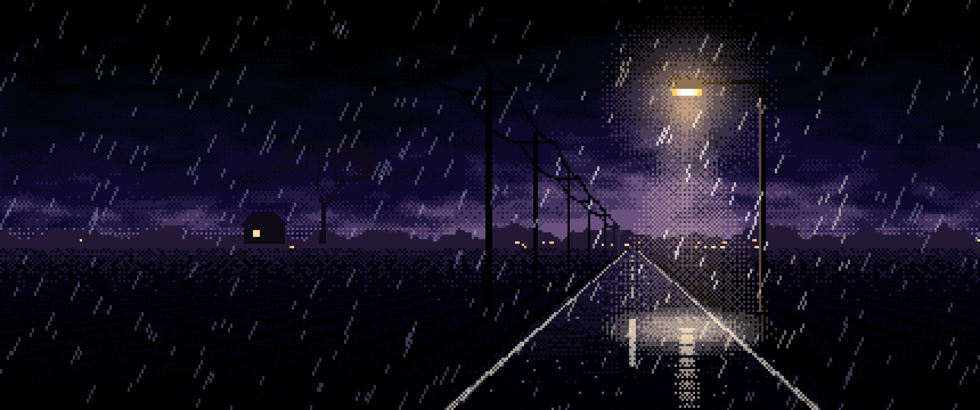 Black Pixel Art Empty Road in the Rain at Night ultrawide wallpaper, 3440 × 1440