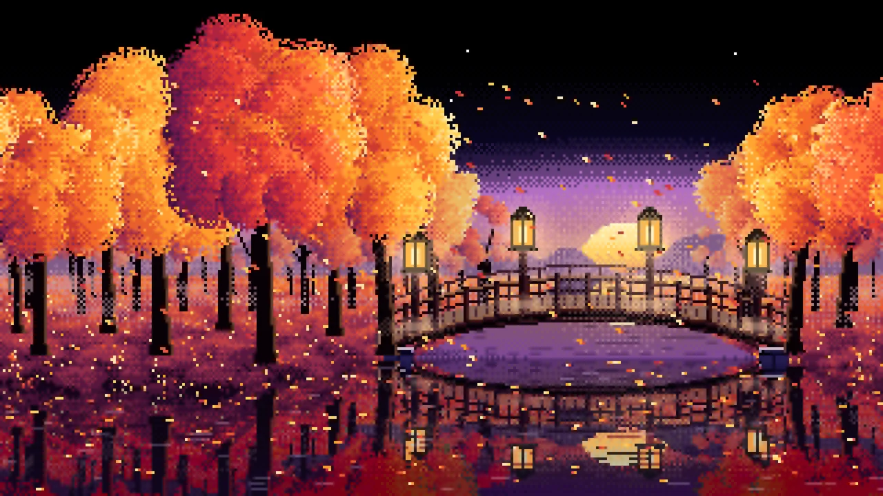 Black Pixel Art Fall Forest Bridge at Dusk desktop wallpaper in 4K