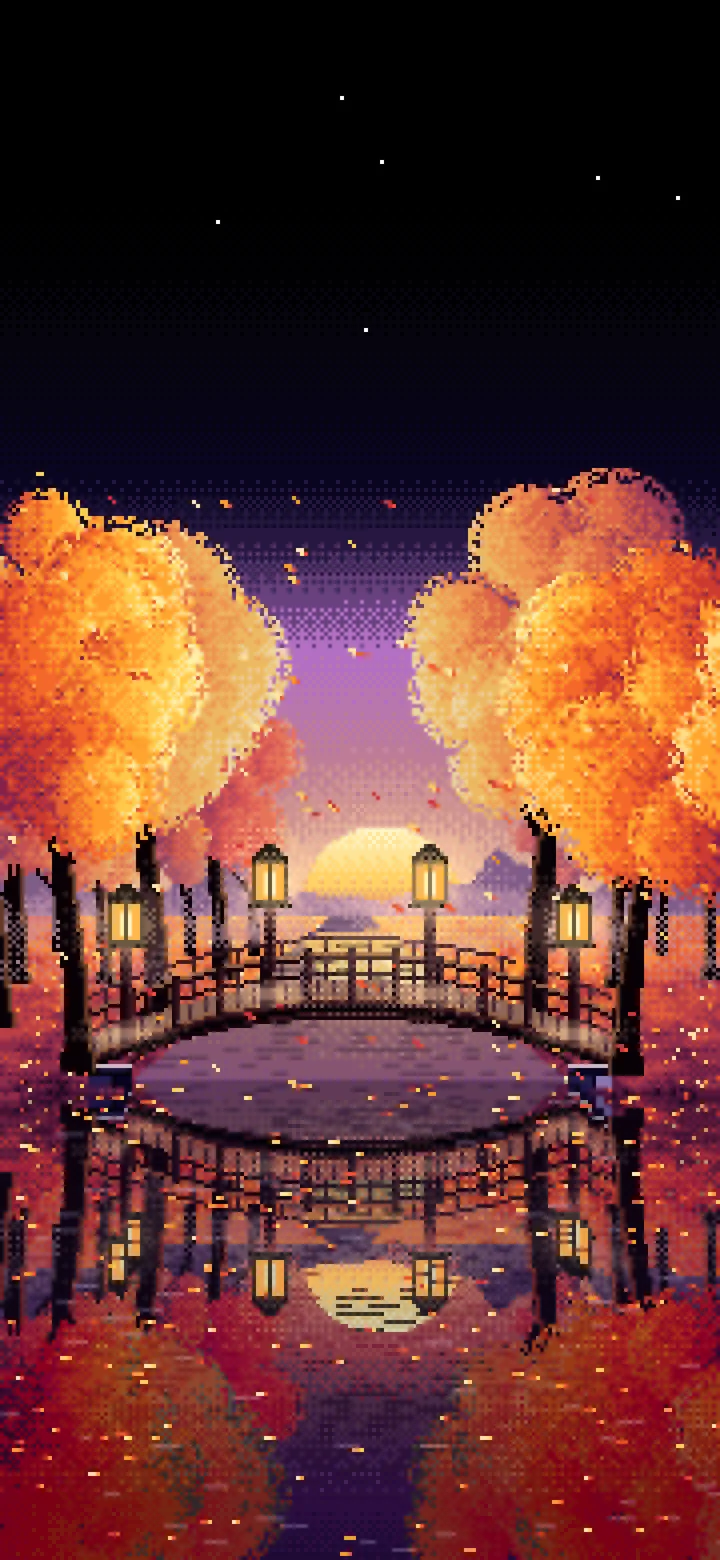 Black Pixel Art Fall Forest Bridge at Dusk wallpaper for iPhone and Android