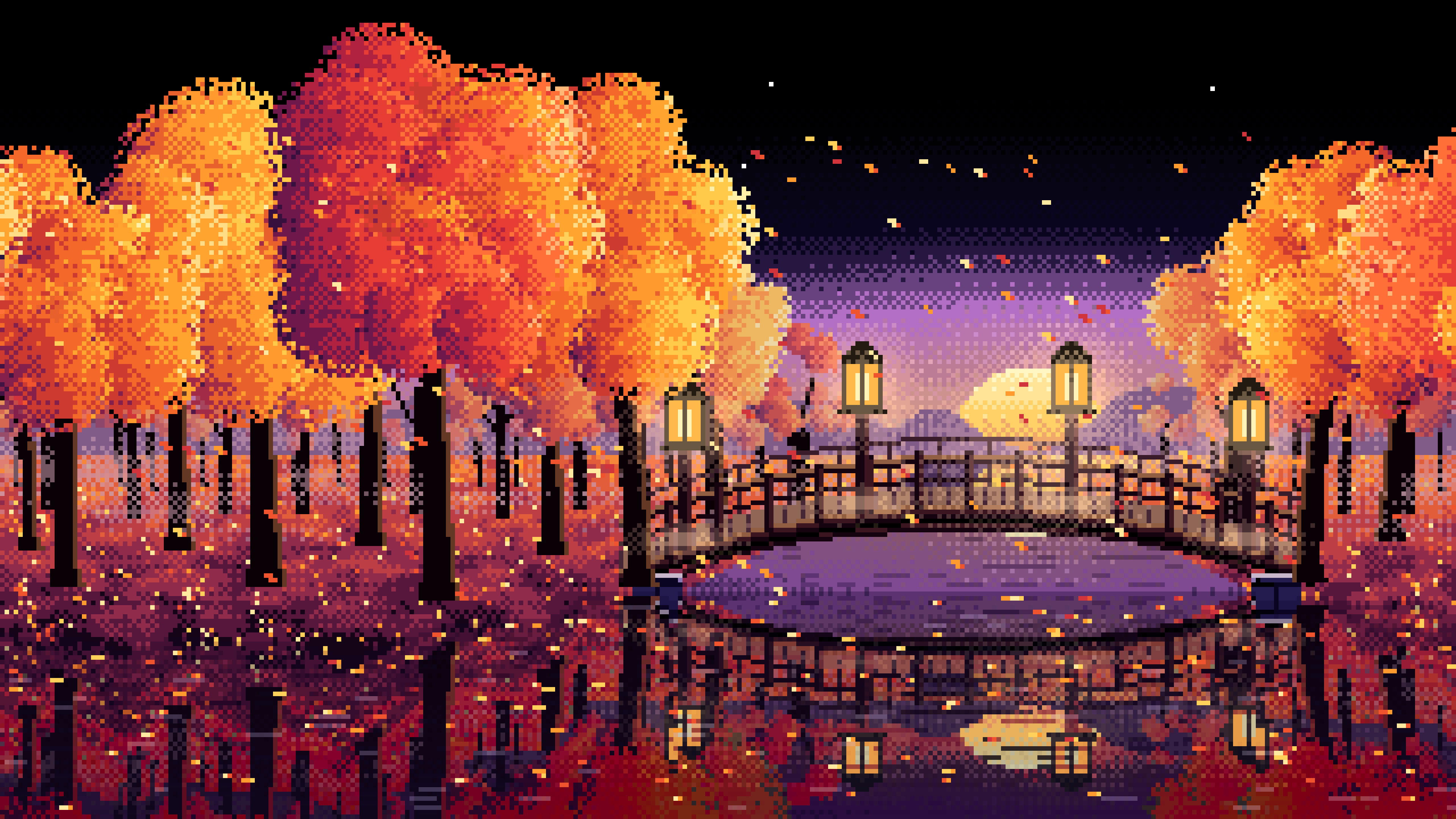 Black Pixel Art Fall Forest Bridge at Dusk desktop wallpaper in 4K