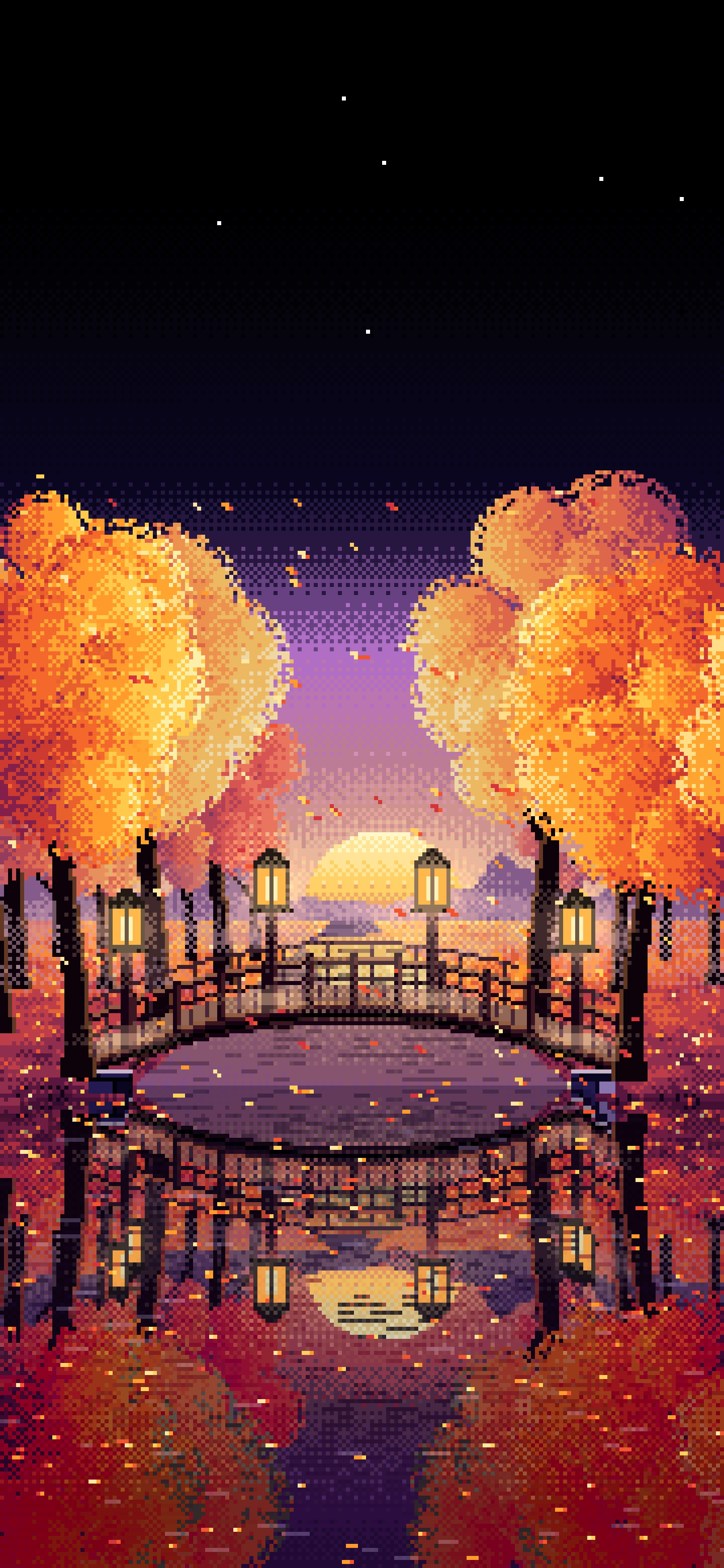 Black Pixel Art Fall Forest Bridge at Dusk wallpaper for iPhone and Android