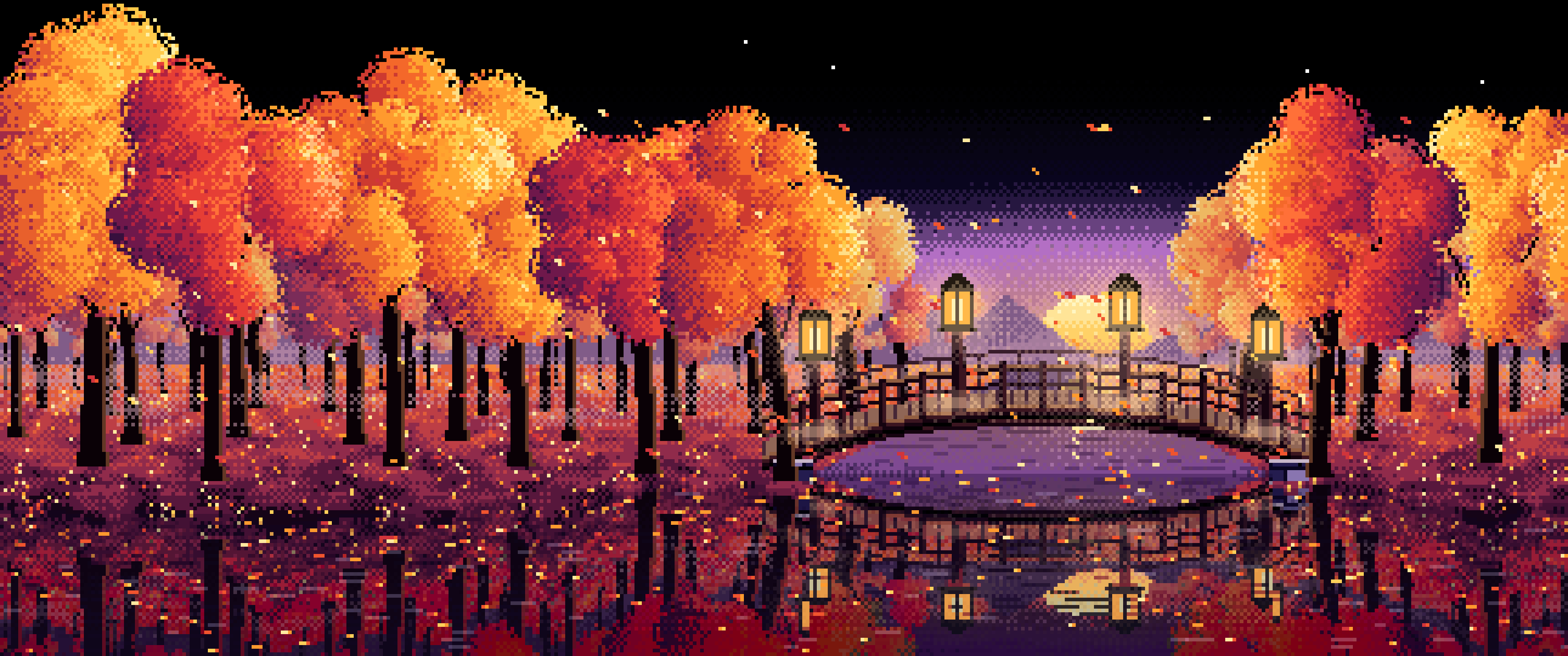 Black Pixel Art Fall Forest Bridge at Dusk ultrawide wallpaper, 3440 × 1440