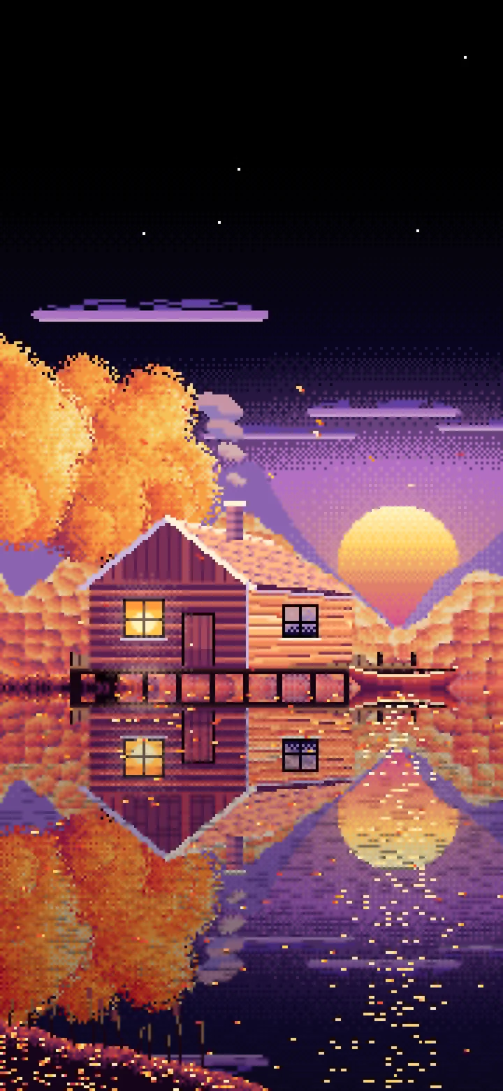 Black Pixel Art Fall Lake Cabin at Sunset wallpaper for iPhone and Android