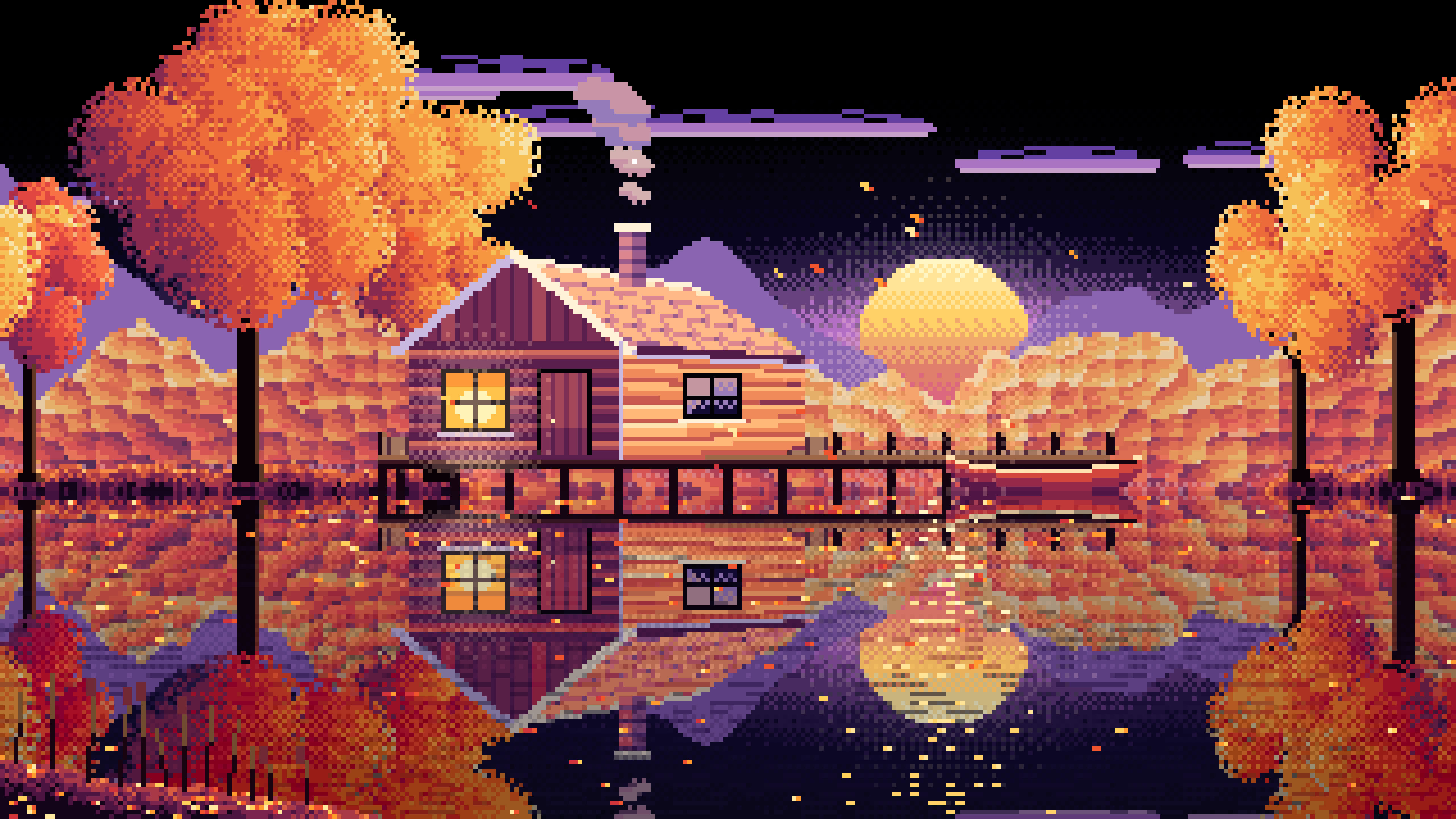 Black Pixel Art Fall Lake Cabin at Sunset desktop wallpaper in 4K