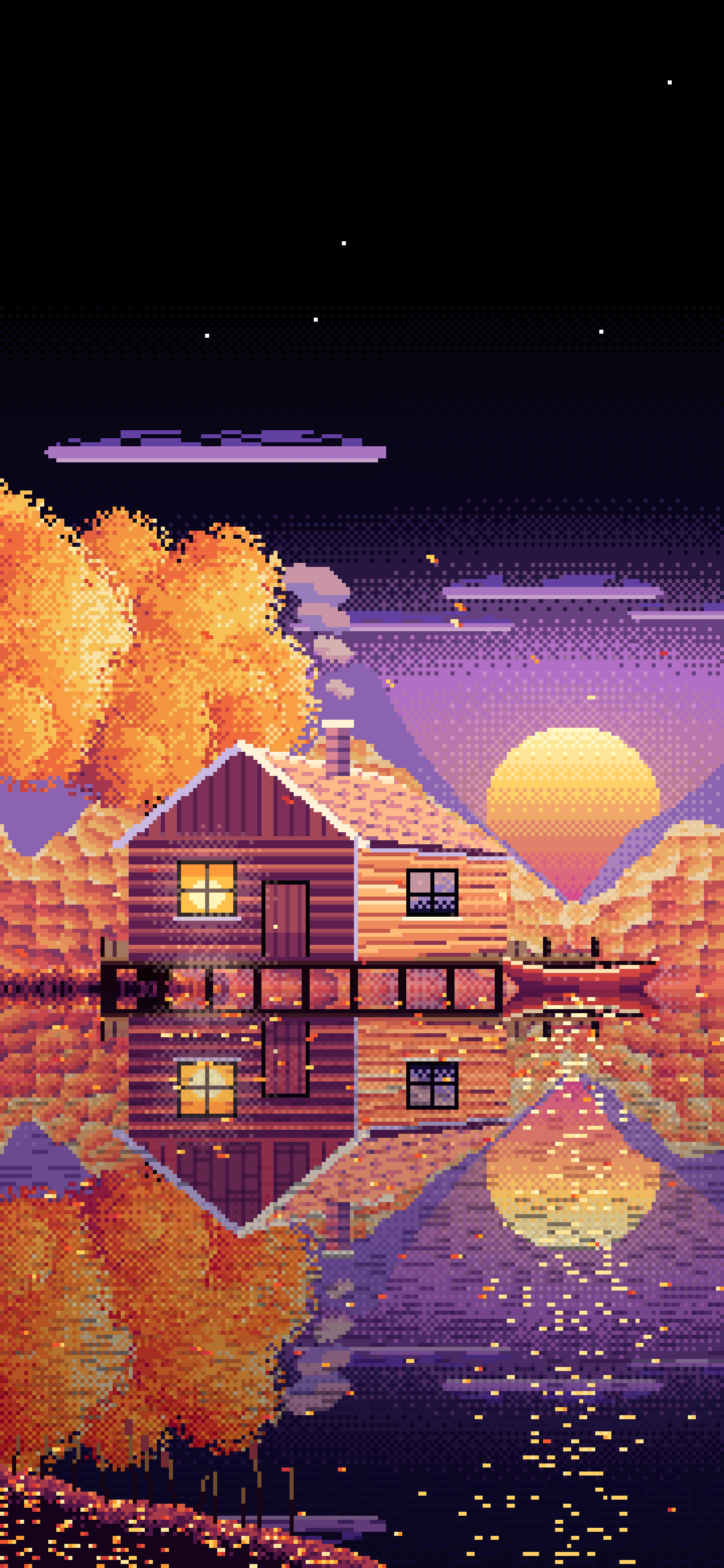 Black Pixel Art Fall Lake Cabin at Sunset wallpaper for iPhone and Android