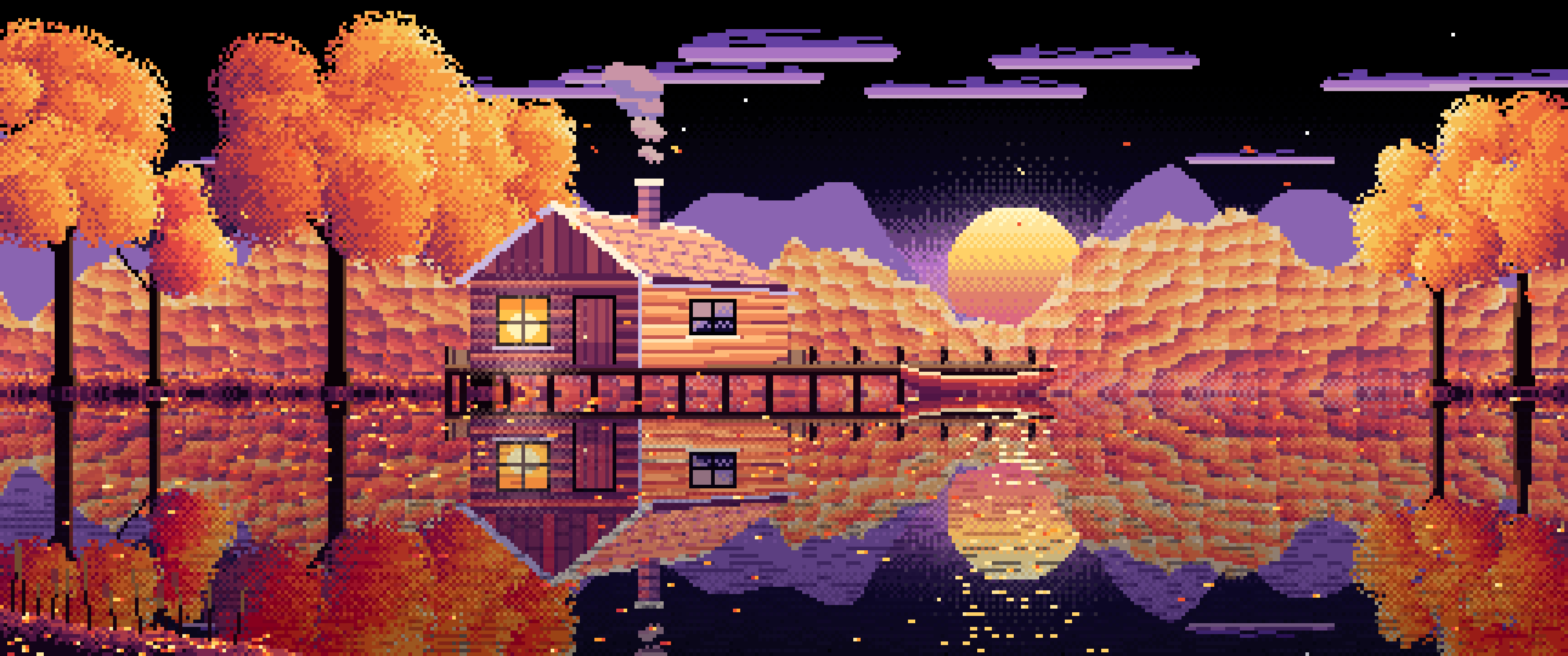 Black Pixel Art Fall Lake Cabin at Sunset ultrawide wallpaper, 3440 × 1440