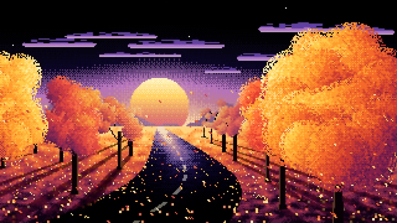 Black Pixel Art Fall Road at Sunset desktop wallpaper in 4K