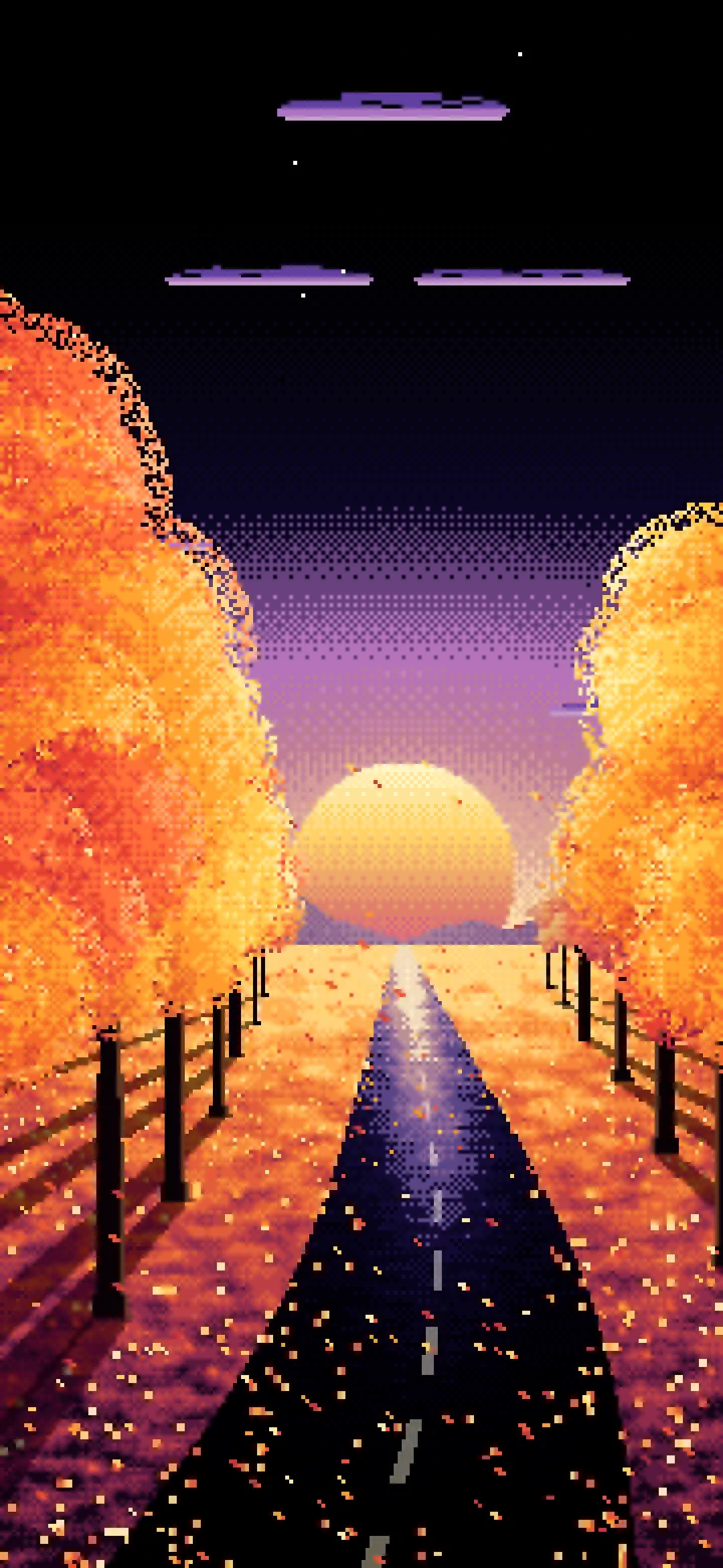 Black Pixel Art Fall Road at Sunset wallpaper for iPhone and Android