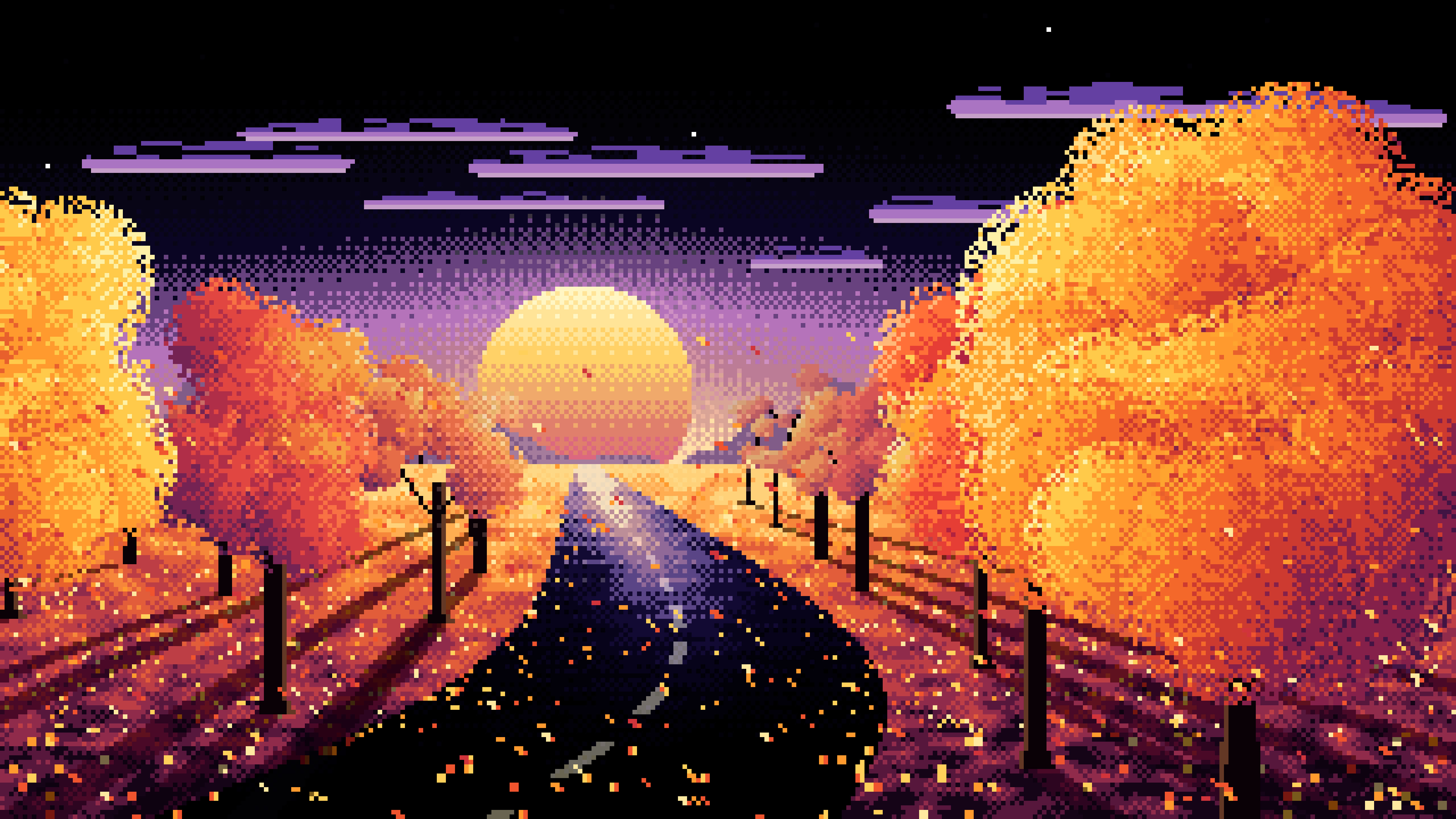 Black Pixel Art Fall Road at Sunset desktop wallpaper in 4K