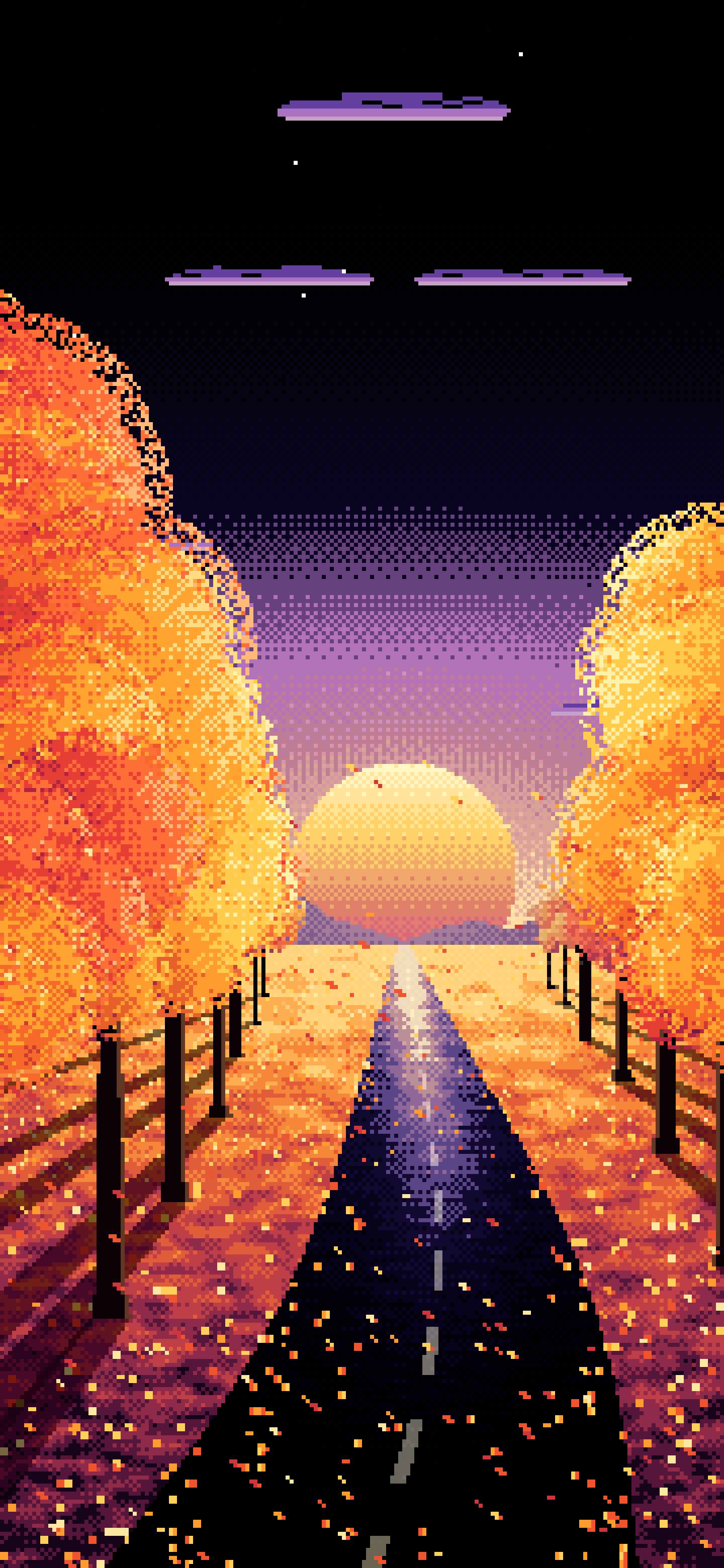 Black Pixel Art Fall Road at Sunset wallpaper for iPhone and Android