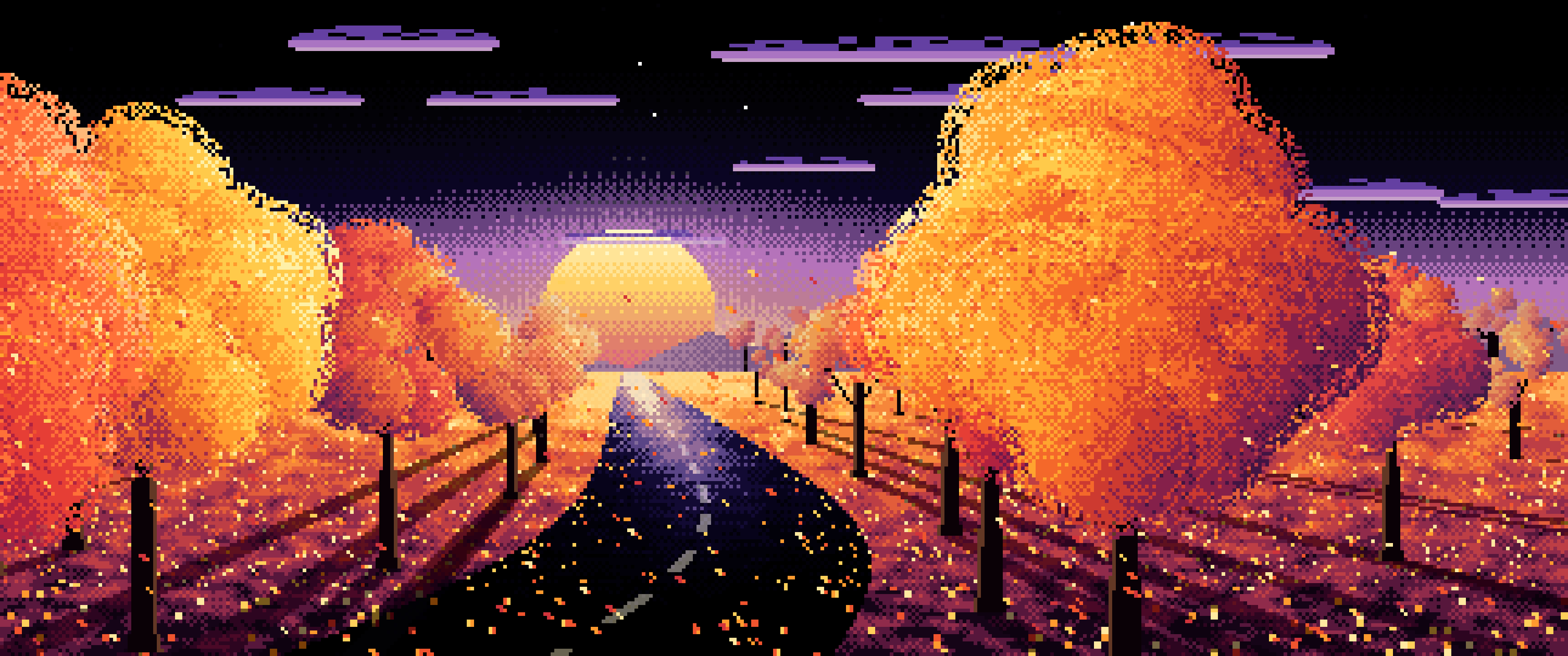 Black Pixel Art Fall Road at Sunset ultrawide wallpaper, 3440 × 1440