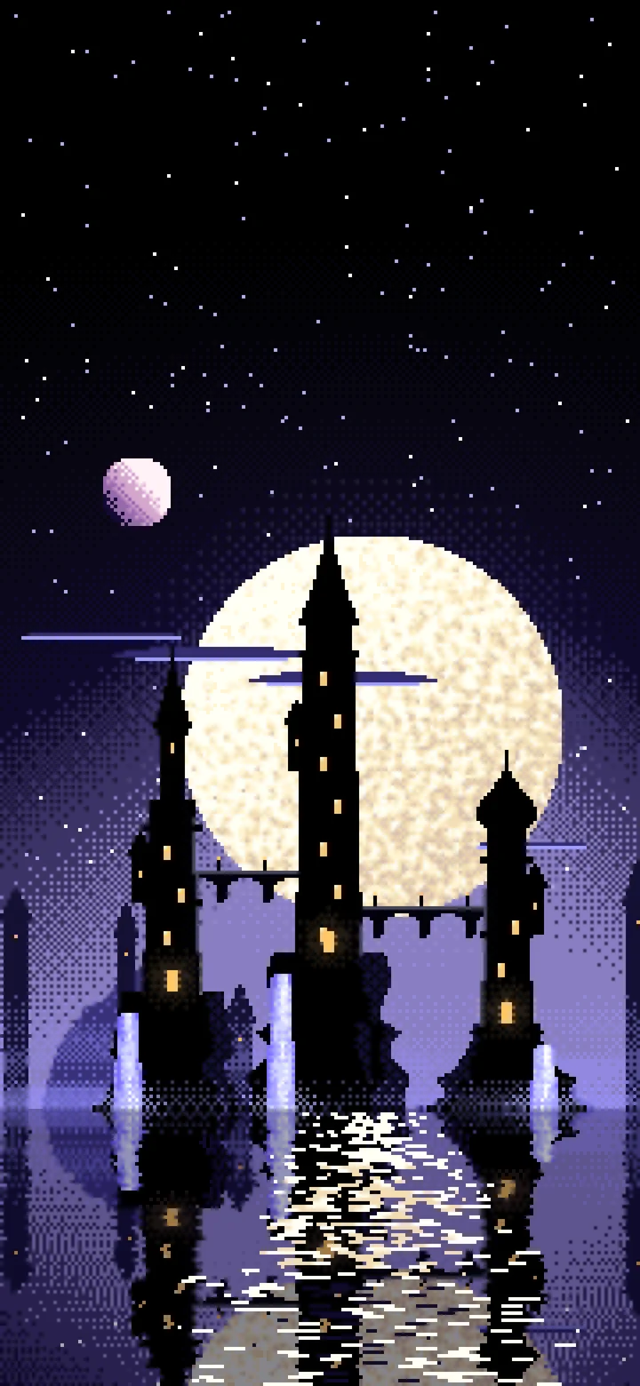 Black Pixel Art Fantasy City wallpaper for iPhone and Android